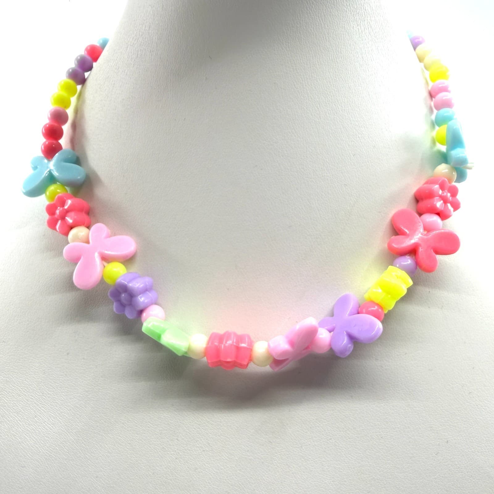 Pastel Butterfly Flower Beaded Necklace Y2K Cottagecore Fun Statement Jewelry