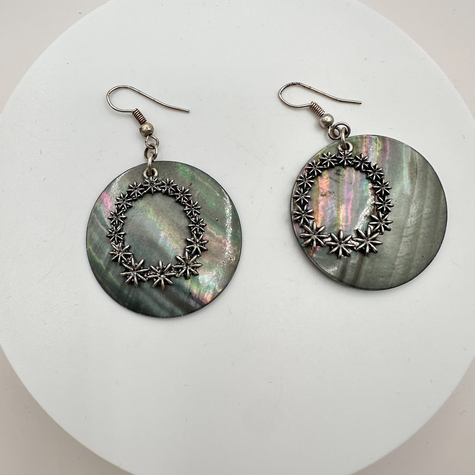 Vintage 90s Silver Tone Iridescent Floral Dangle Earrings Women's Jewelry Retro