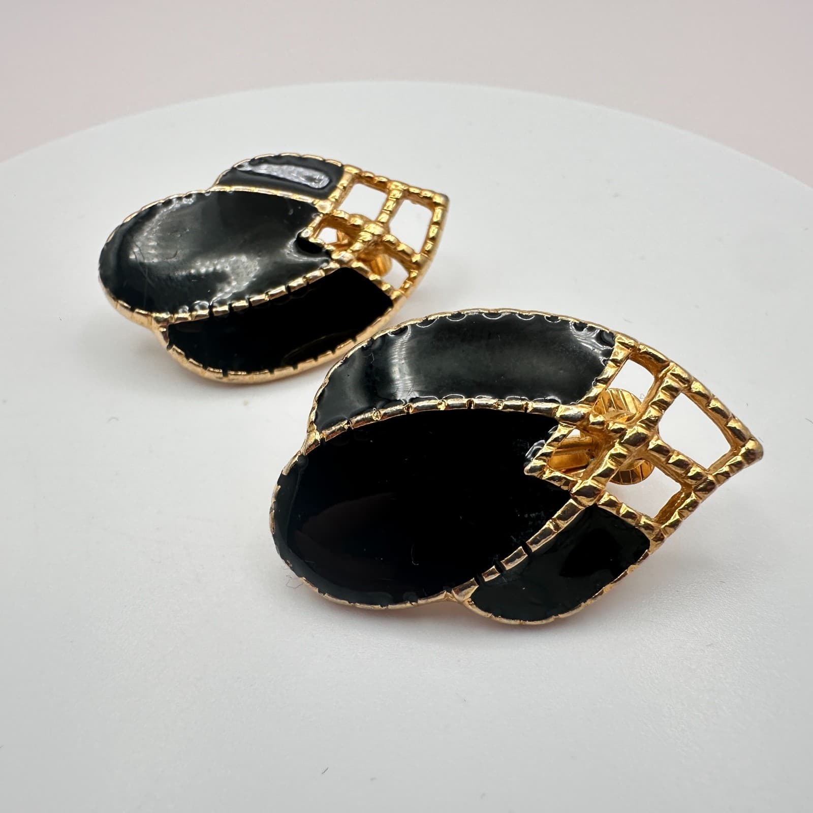 Vintage 90s Gold Tone Black Enamel Abstract Teardrop Earrings Women's Jewelry