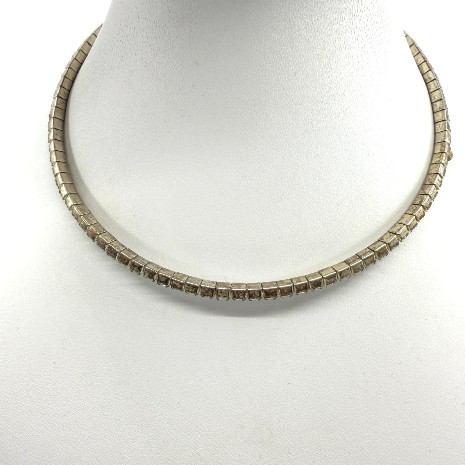 Elegant Silver Tone Square Rhinestone Link Choker Necklace Minimalist Sparkle