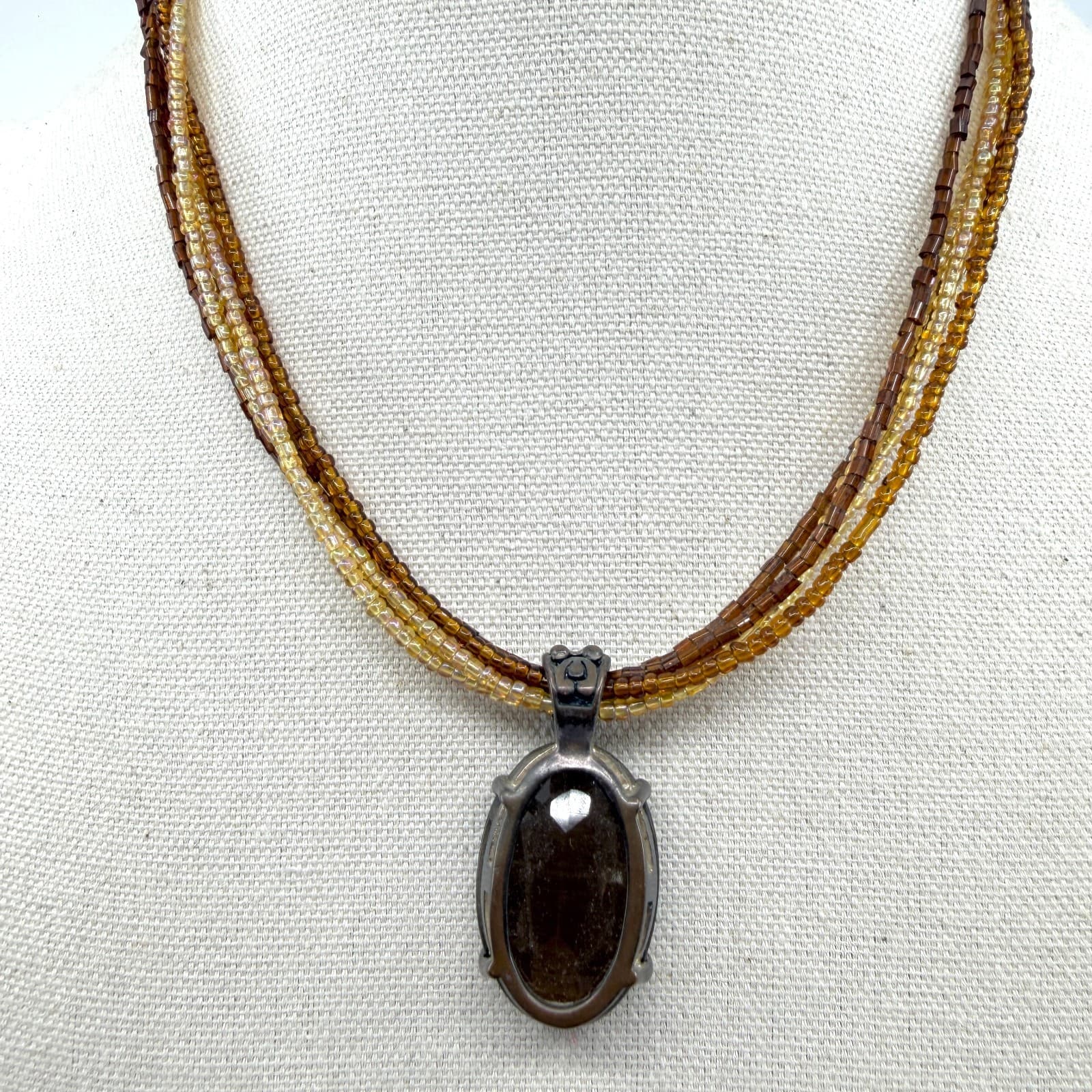 Multi-Strand Beaded Necklace with Oval Brown Gemstone Pendant Boho Statement
