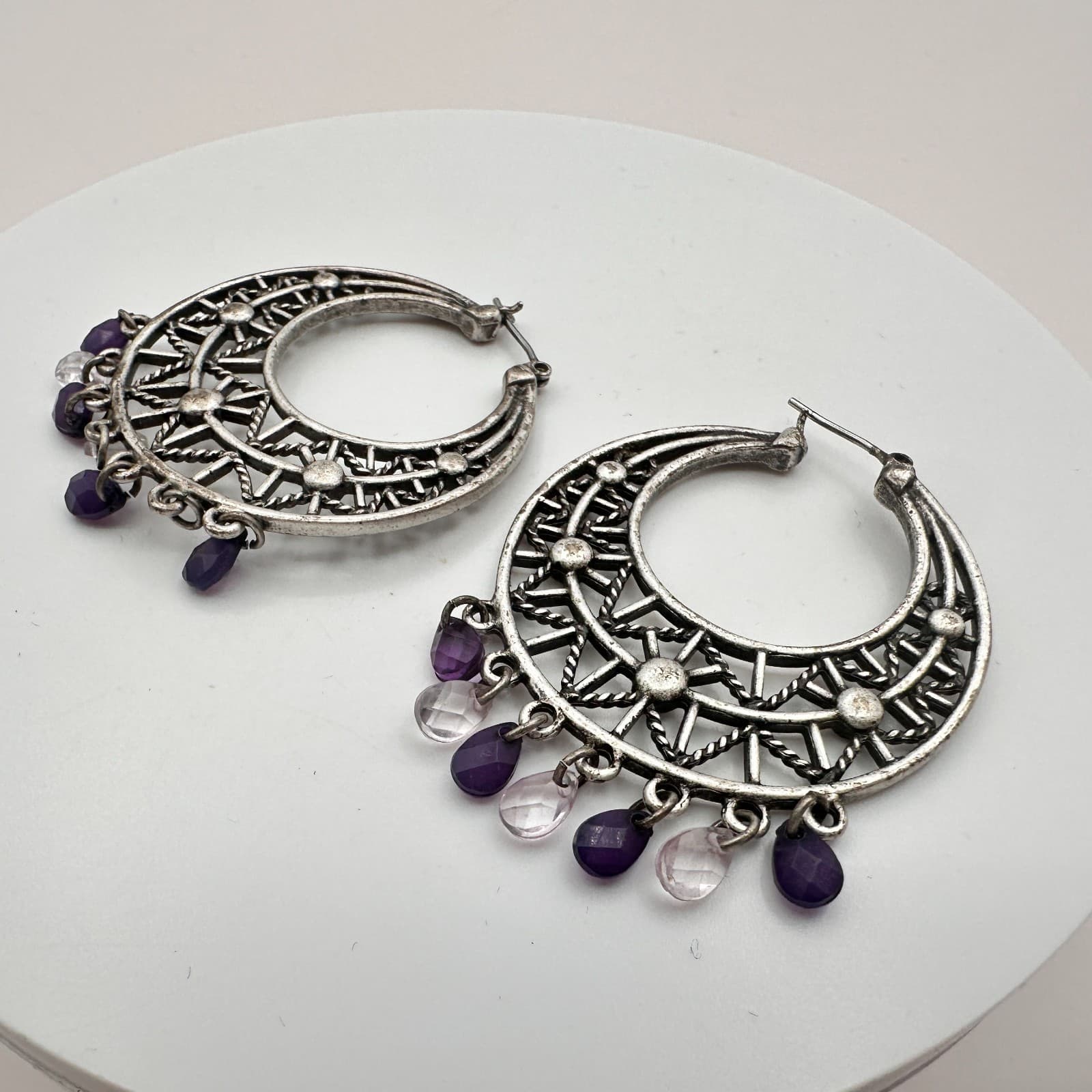 Vintage 90s Silver Tone Purple Beaded Geometric Hoop Earrings Women's Jewelry