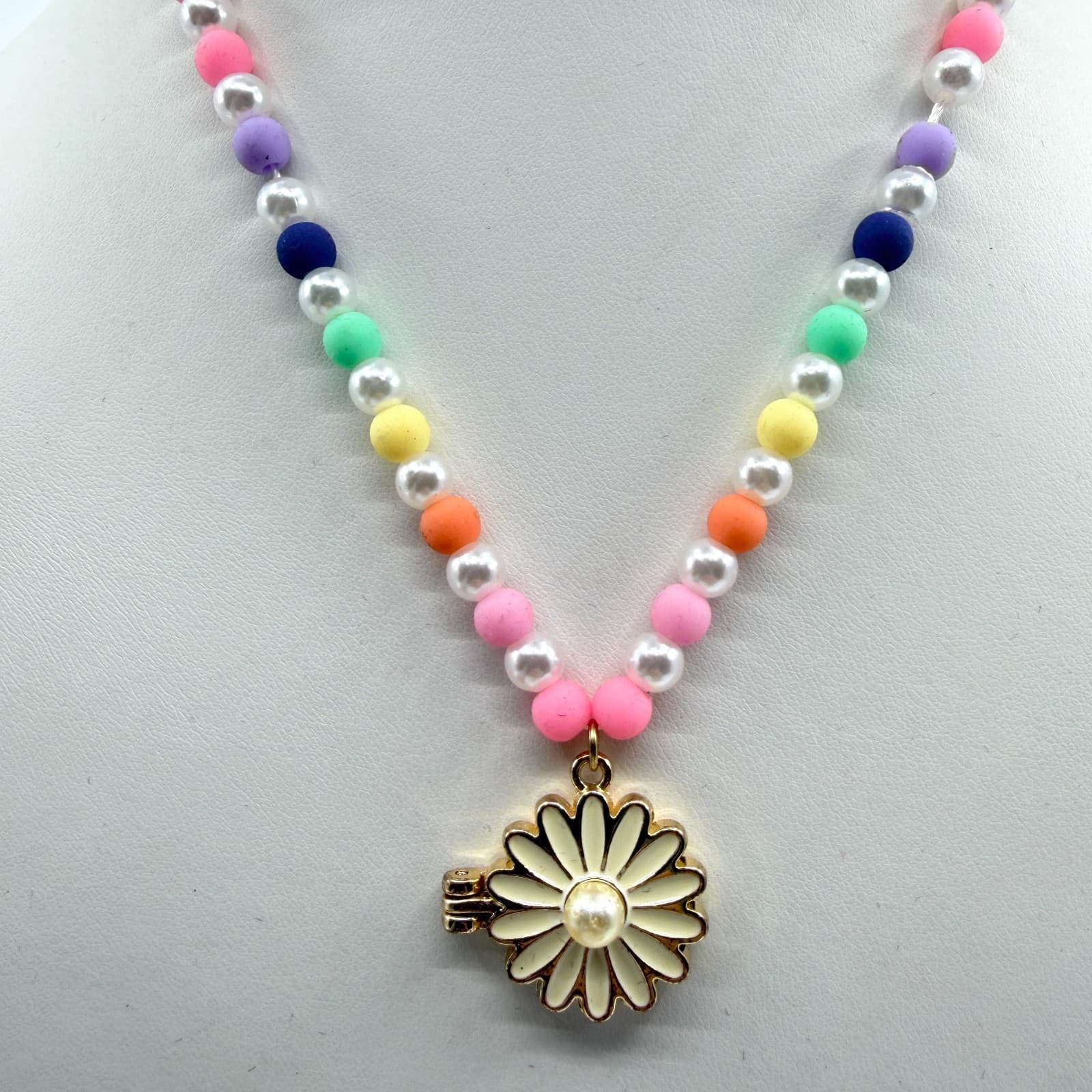 Pastel Bead Daisy Locket Necklace Colorful Cottagecore Boho Festival Jewelry