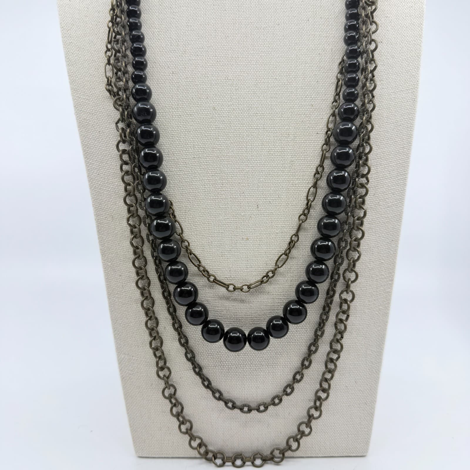 Multi Strand Layered Black Bead Necklace Antique Bronze Tone Chain Statement