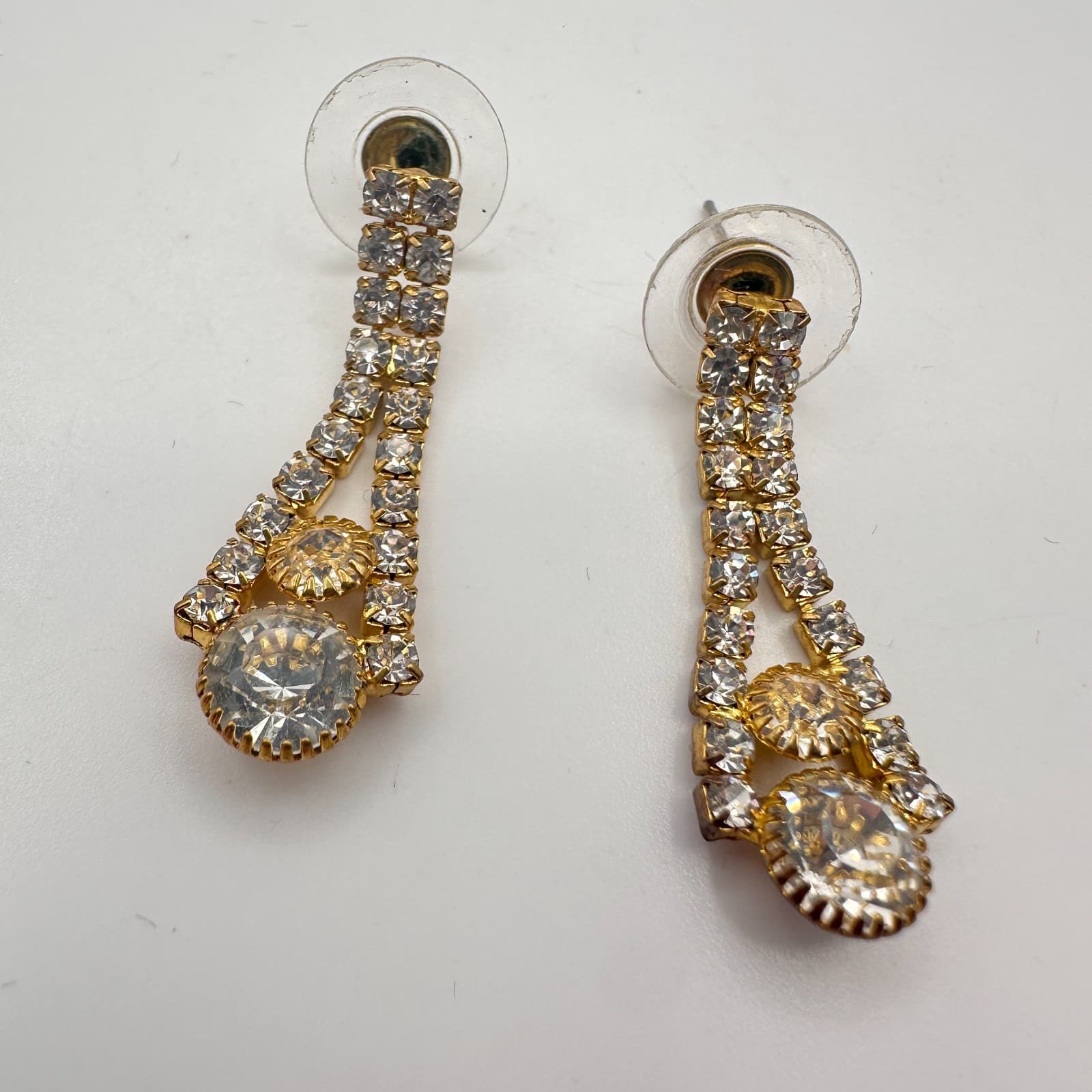 Vintage 90s Gold Tone Rhinestone Dangle Earrings Women's Classic Jewelry Retro