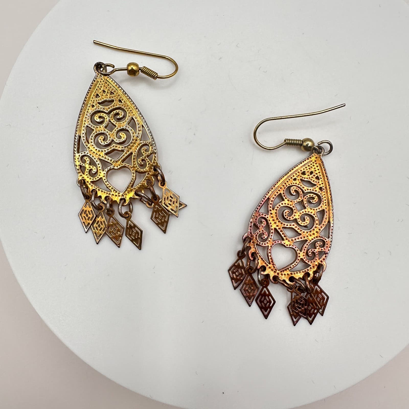 Vintage Y2K Gold Tone Filigree Teardrop Dangle Earrings Boho Women's Jewelry 90s