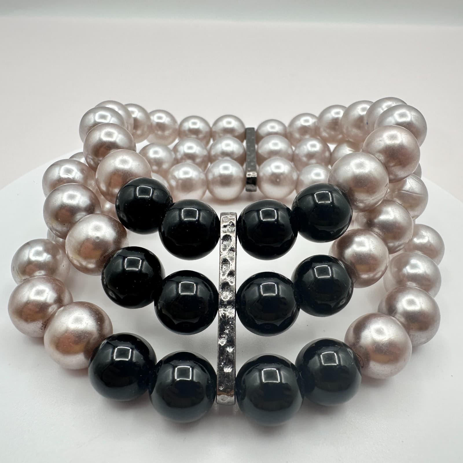 Vintage Y2K Silver-Tone Multi Strand Faux Pearl Beaded Bracelet Women's Jewelry