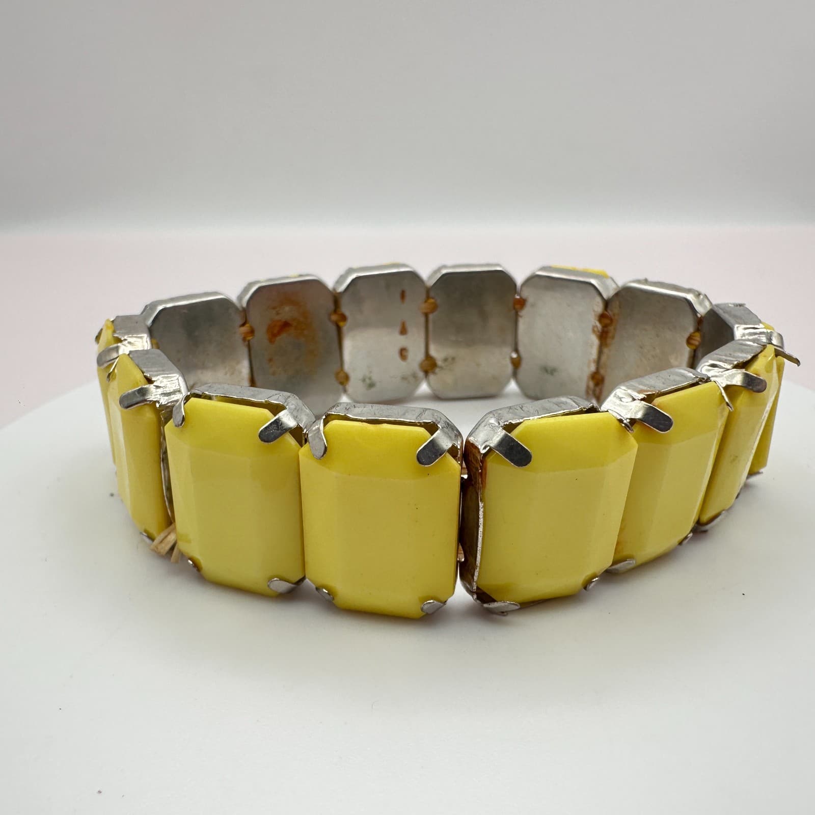 Vintage Y2K Silver Tone Yellow Glass Stretch Bracelet Statement Women's Jewelry