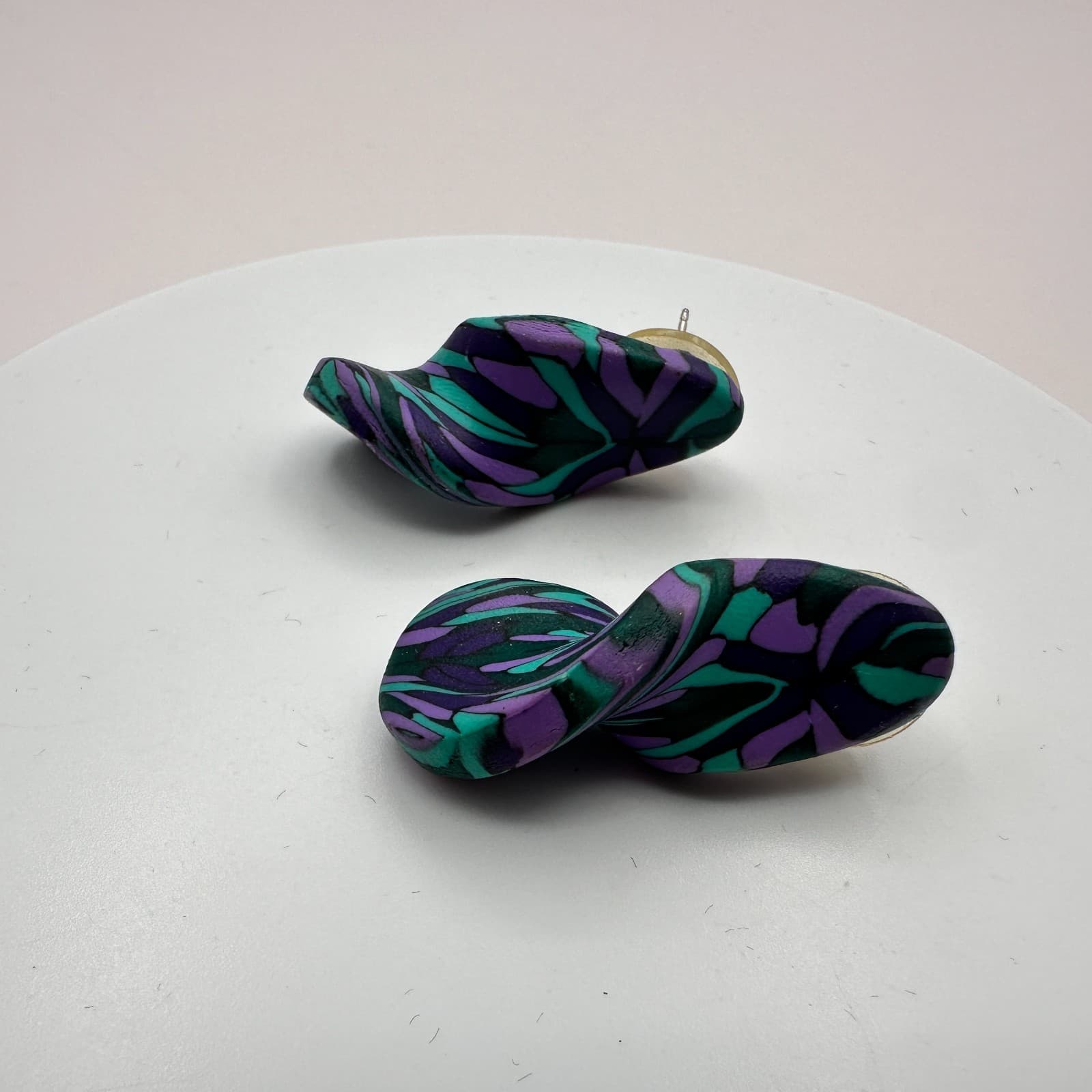 Vintage 90s Purple Teal Polymer Clay Abstract Swirl Stud Earrings Boho Jewelry