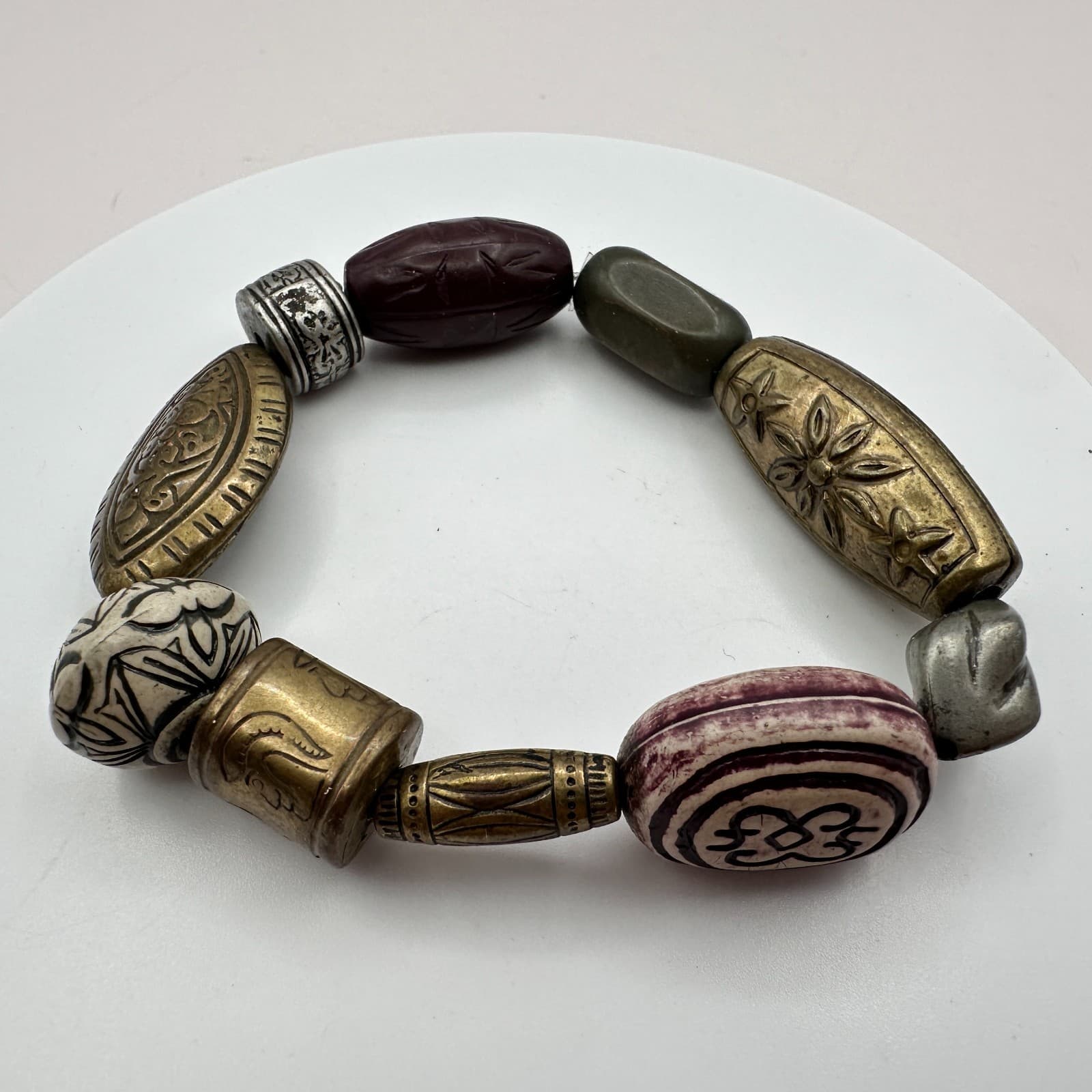 Vintage 90s Brass Tone Beaded Boho Engraved Bracelet Women's Classic Jewelry Y2K