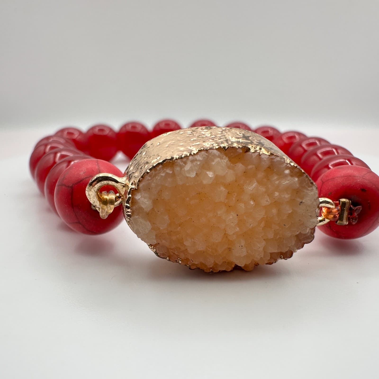 Vintage Gold Tone Chunky Beaded Bracelet Statement Boho Red Orange Faux Stone