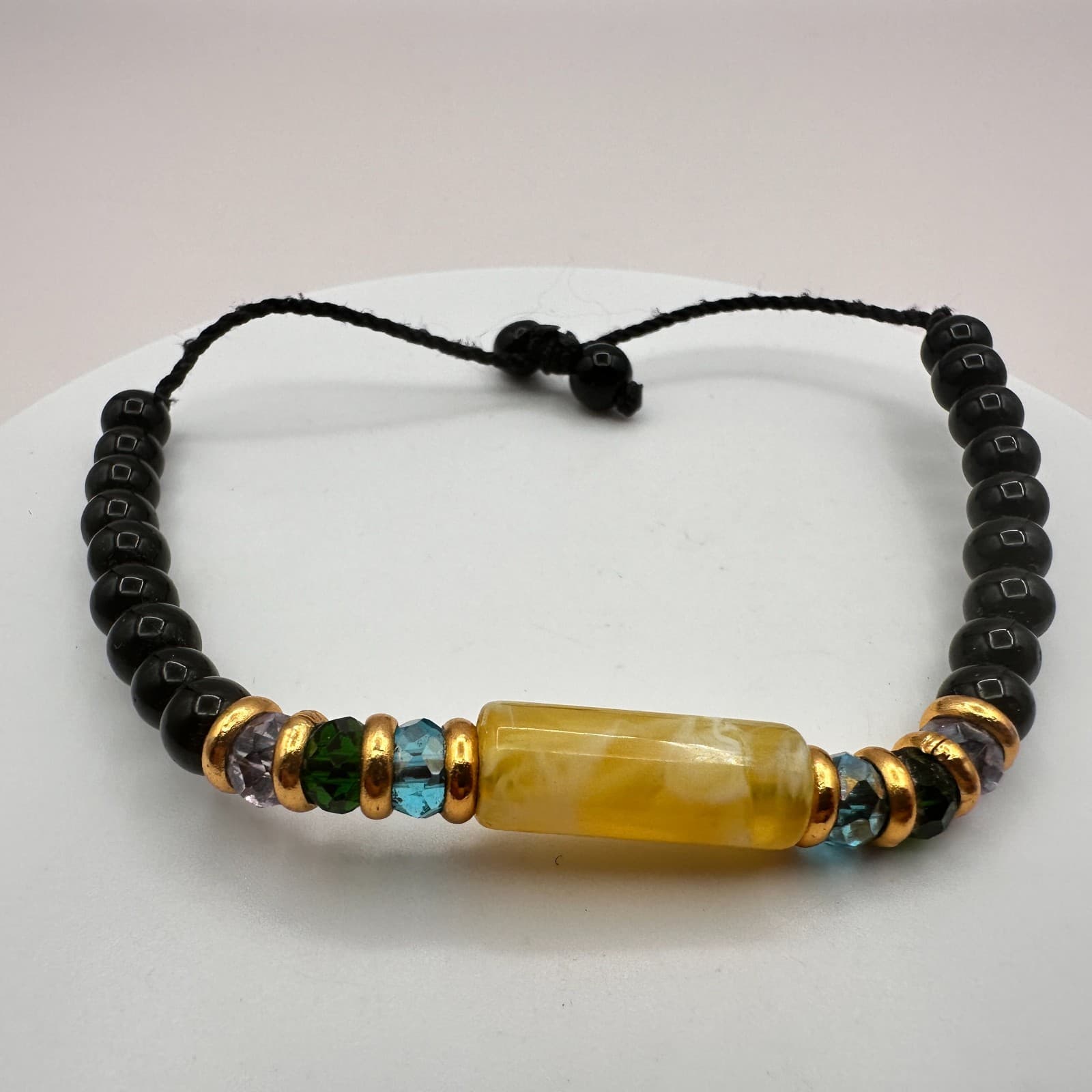 Vintage Gold Tone Black Beaded Adjustable Bracelet Yellow Amber Tone Tube Boho