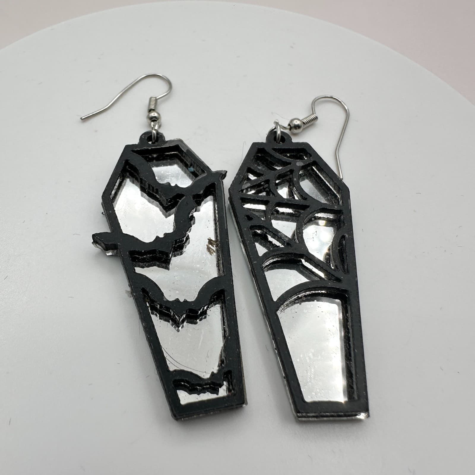 Vintage 90s Y2K Bat Spider Web Coffin Mirror Dangle Earrings Women's Jewelry Bib