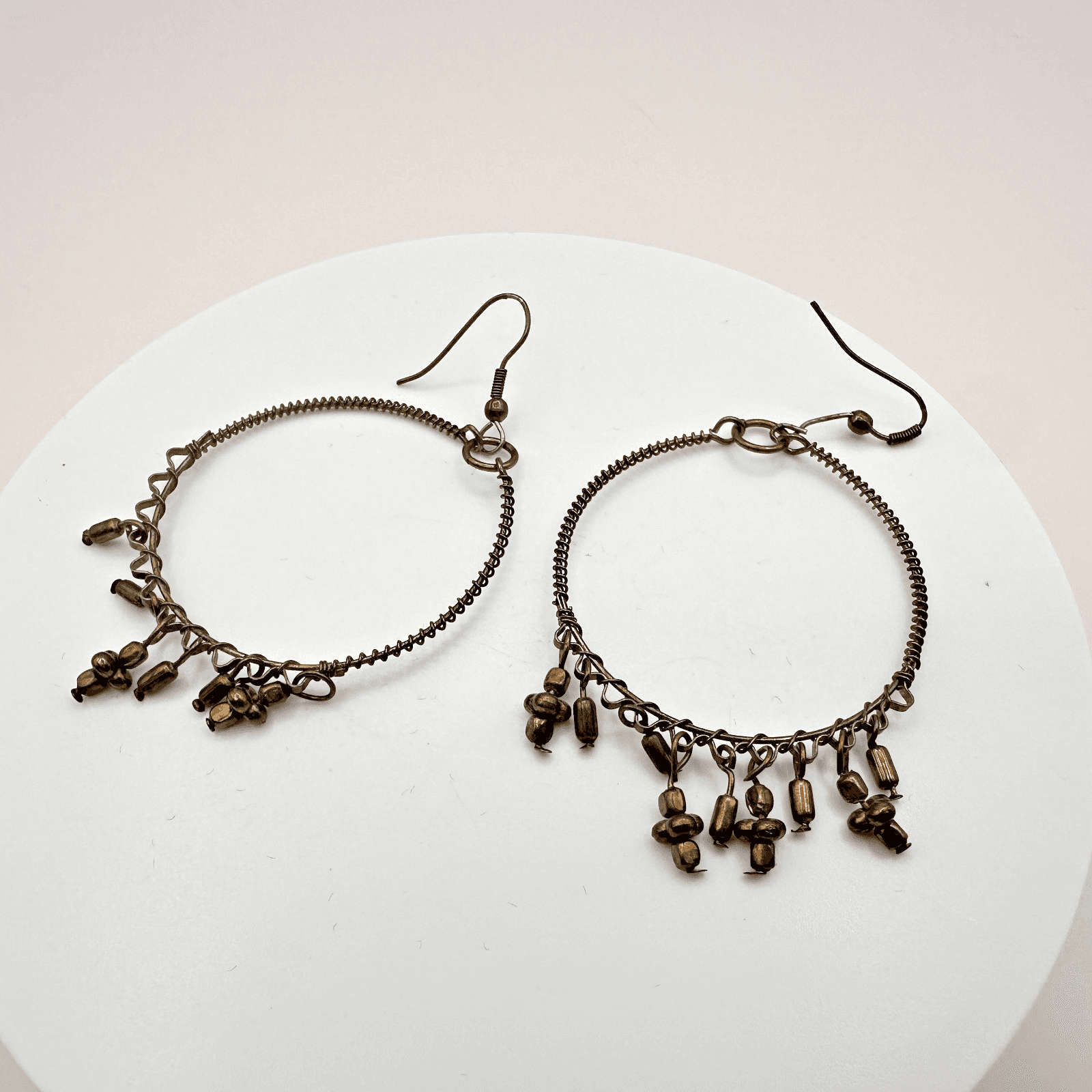 Vintage Y2K Bronze Tone Beaded Hoop Dangle Earrings Boho Women's Classic Jewelry
