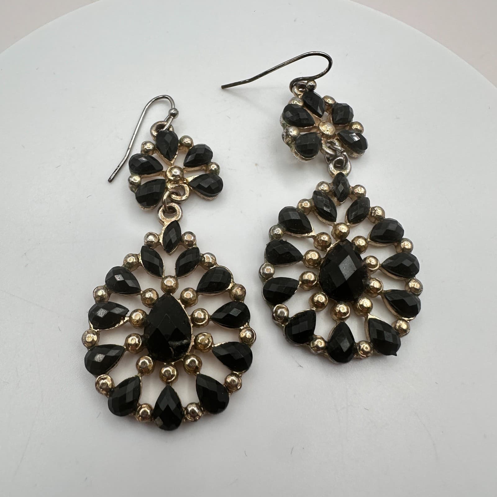 Vintage Gold Tone Black Rhinestone Chandelier Earrings Teardrop Dangle Statement