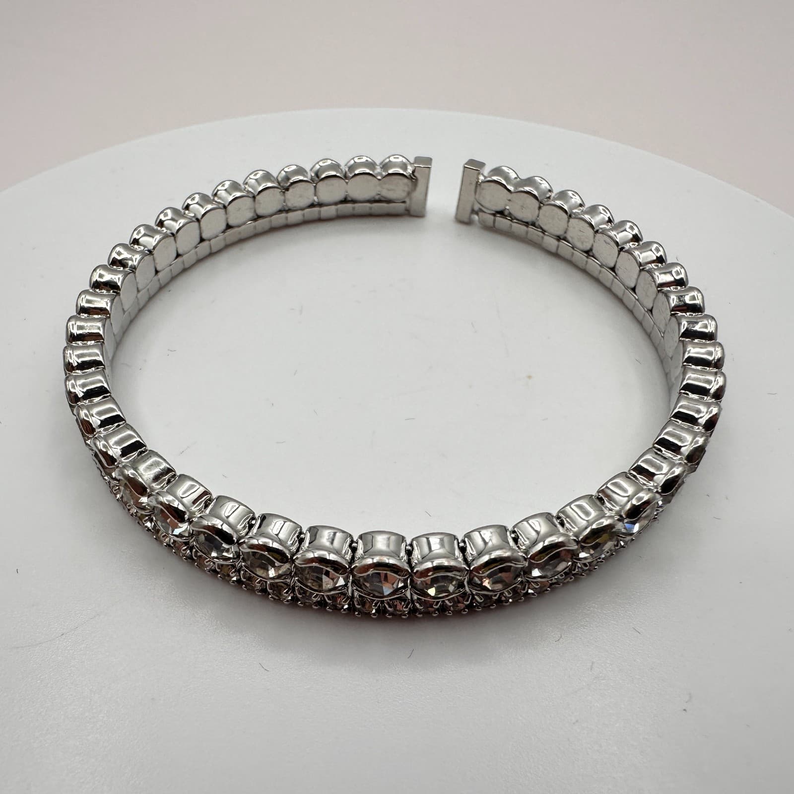 Vintage 90s Silver Tone Double Row Rhinestone Cuff Bracelet Women's Jewelry Boho