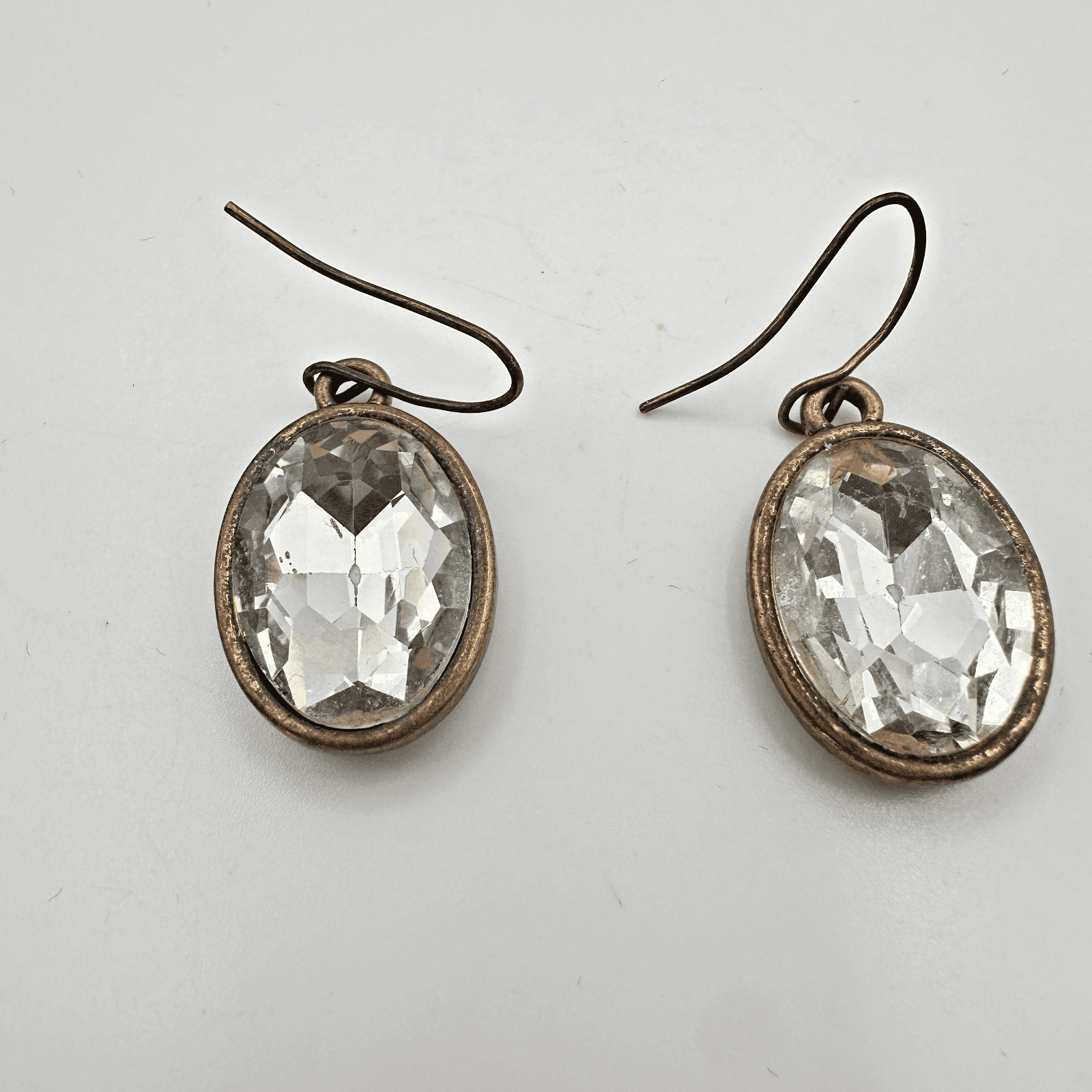 Vintage 90s Bronze Tone Clear Oval Glass Drop Dangle Earrings Fashion Jewelry