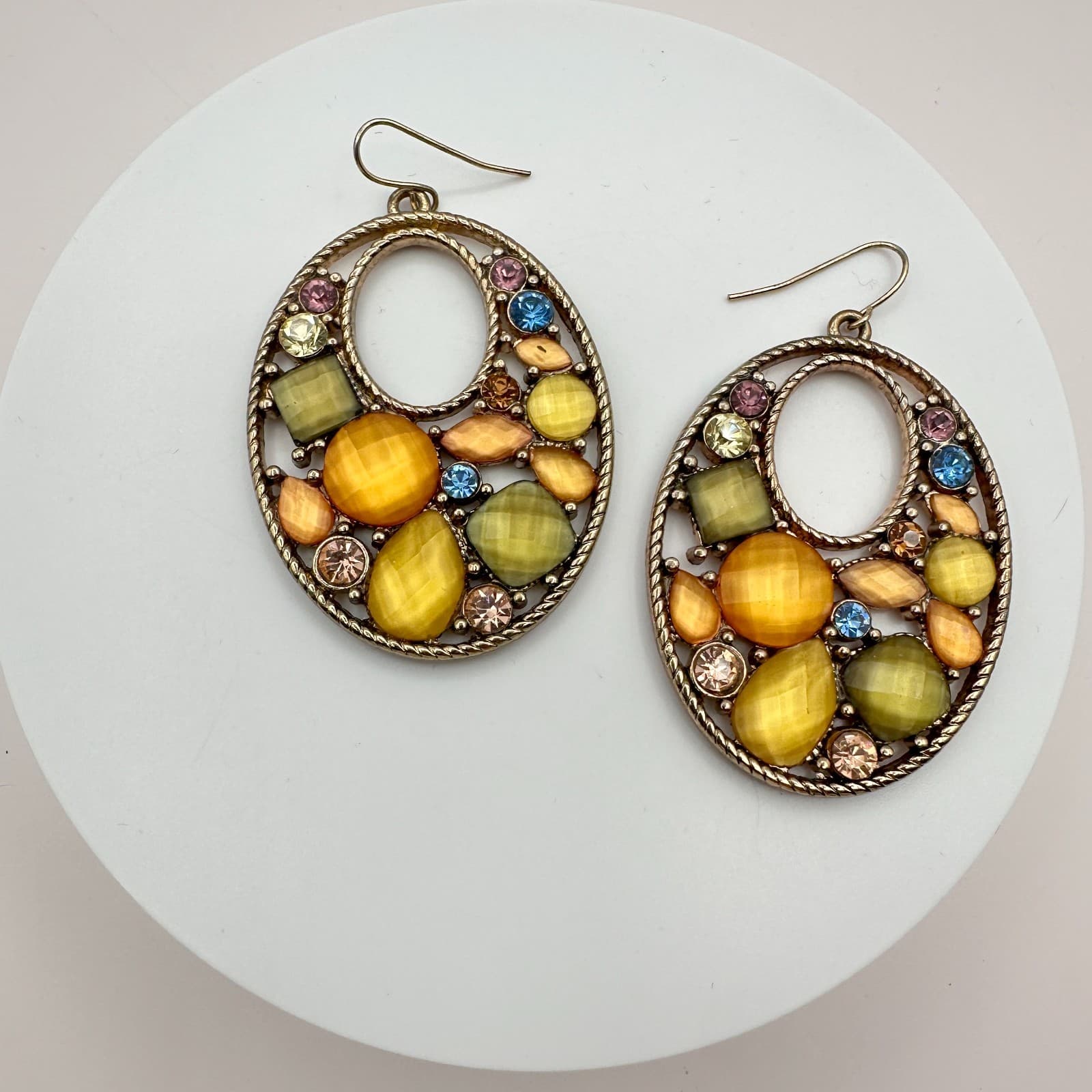 Vintage 90s Y2K Gold Tone Beaded Hoop Earrings Rhinestone Boho Statement Jewelry