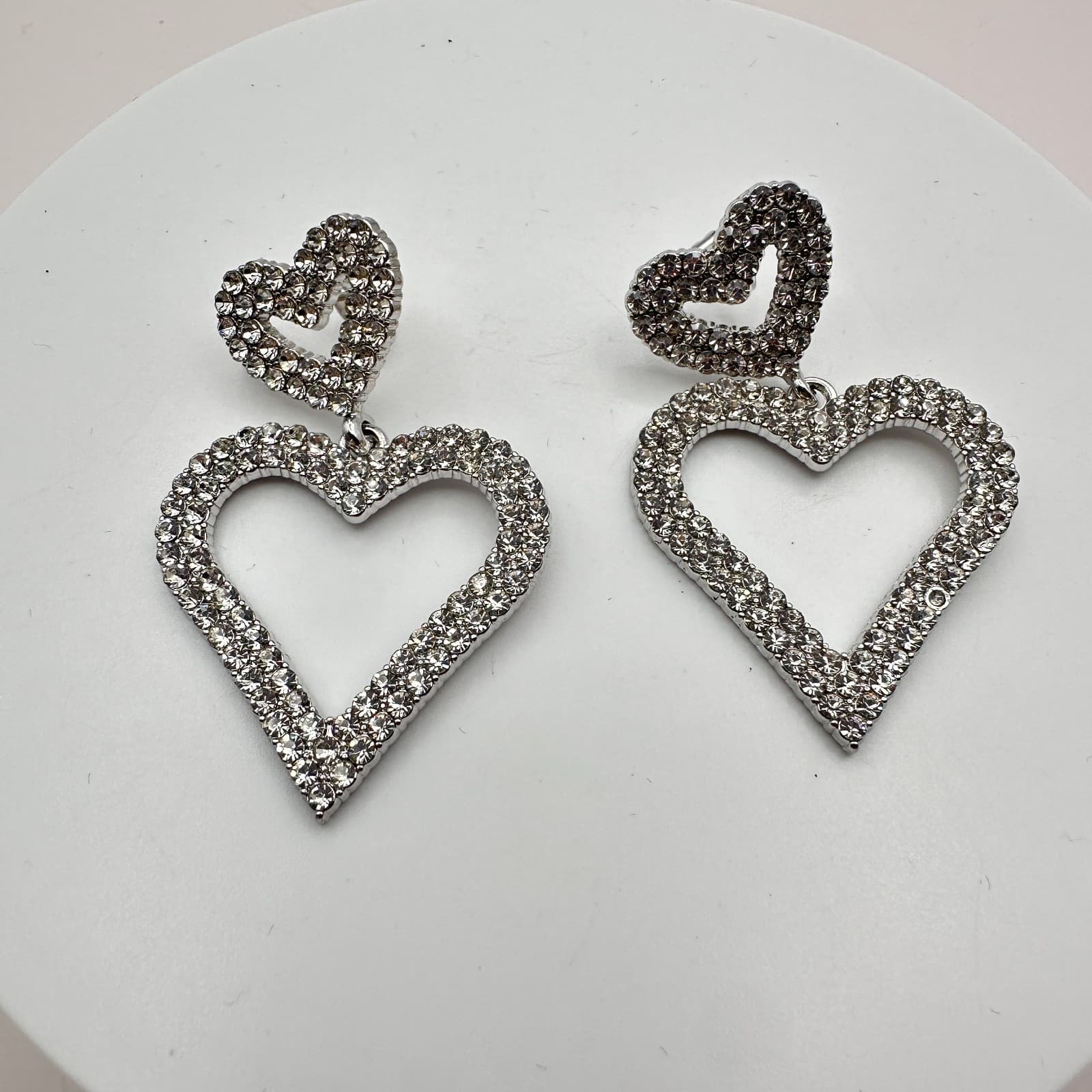 Vintage Y2K Silver Tone Rhinestone Double Heart Dangle Earrings Women's Jewelry