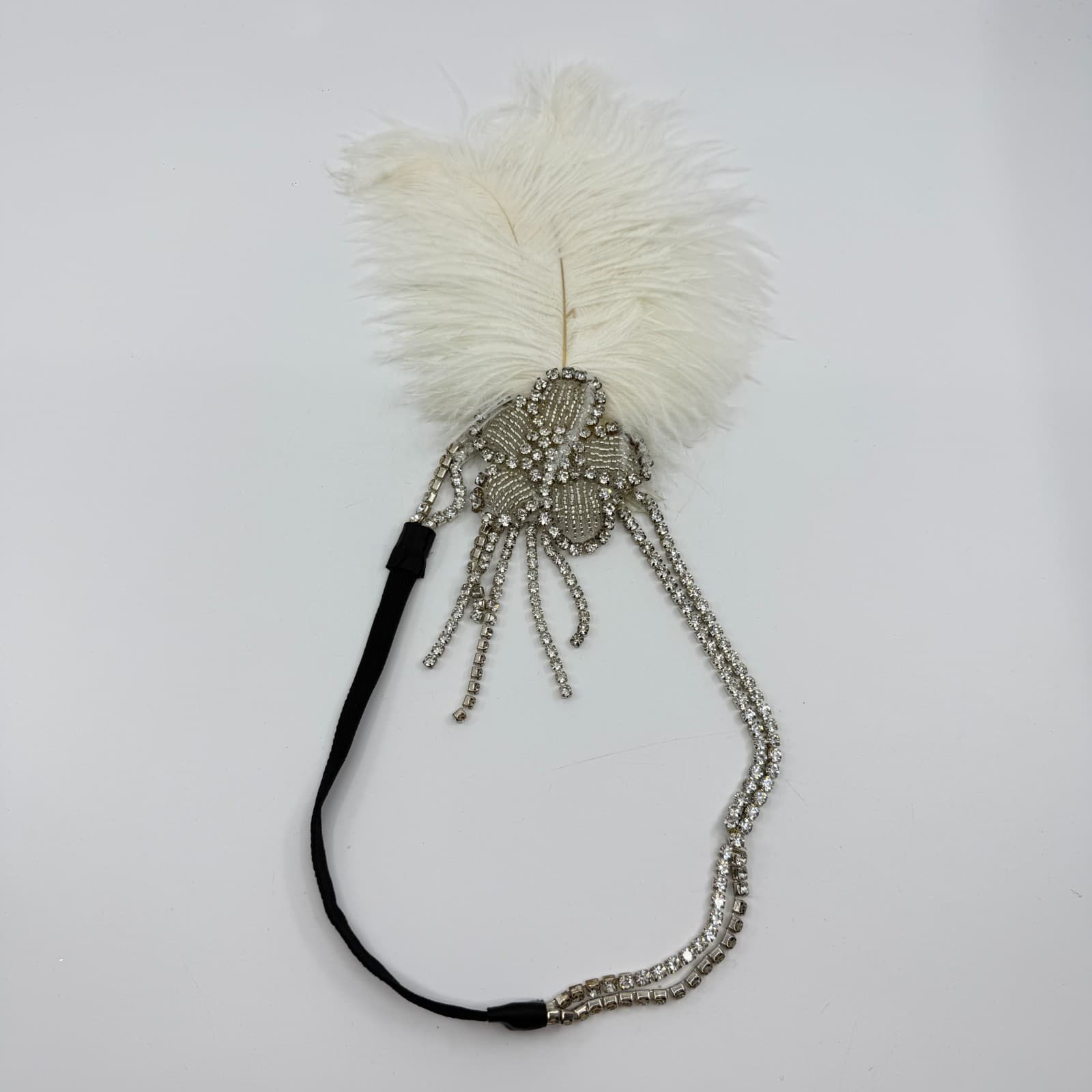 Glamorous 1920s Flapper Headband White Feather Crystal Rhinestone Gatsby Style