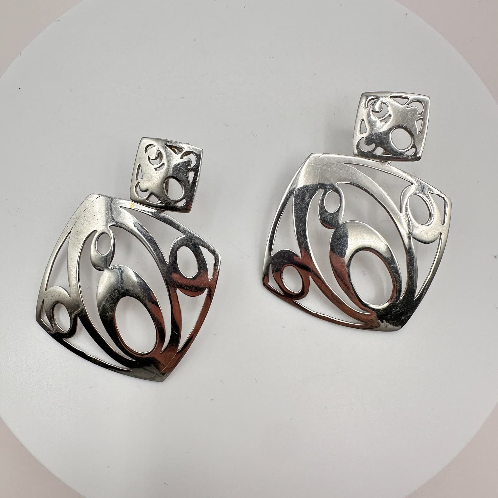 Vintage Y2K Silver Tone Open Work Dangle Earrings Statement Women's Jewelry 90s