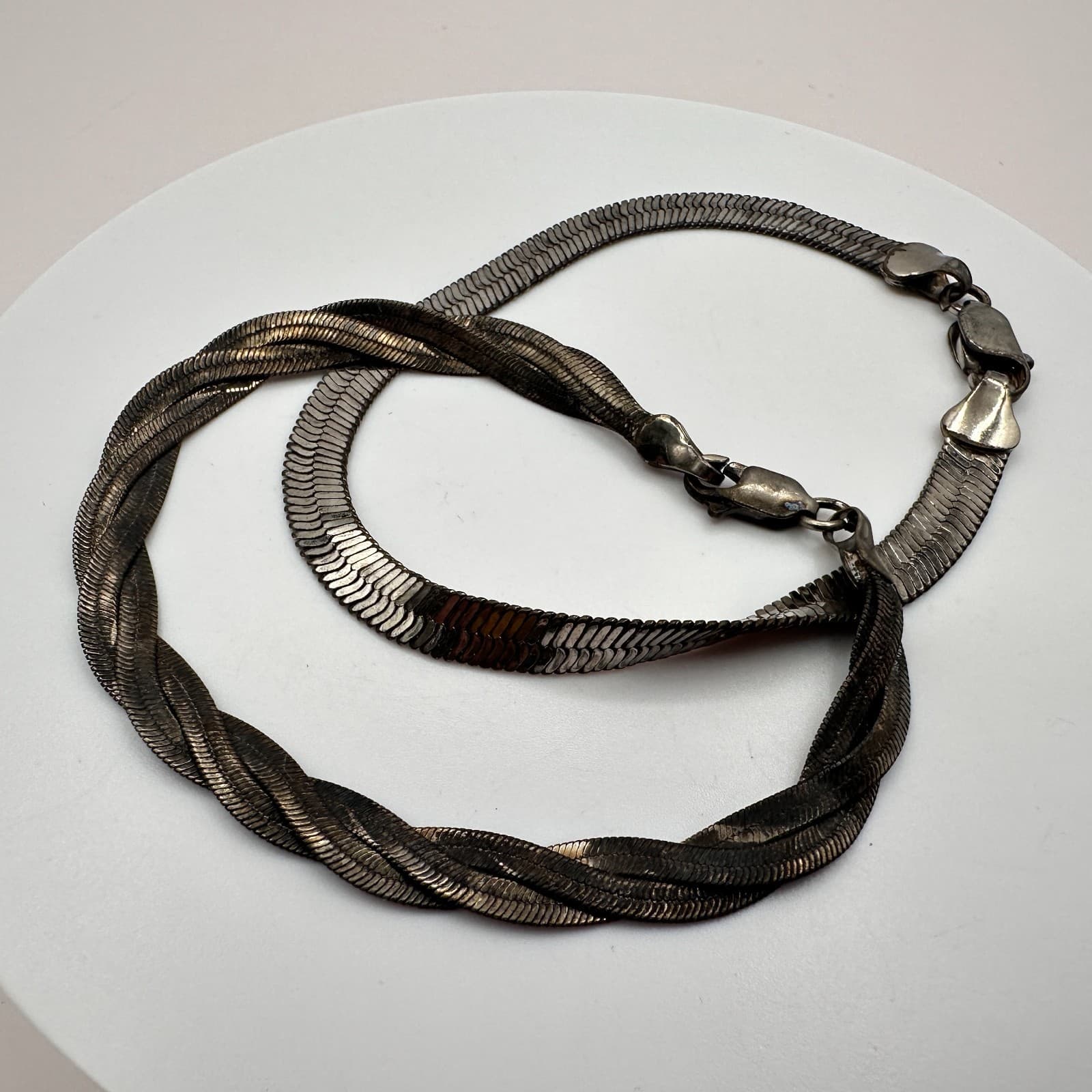 Vintage Y2K Silver Tone Herringbone Chain Bracelet Set Minimalist Retro Jewelry