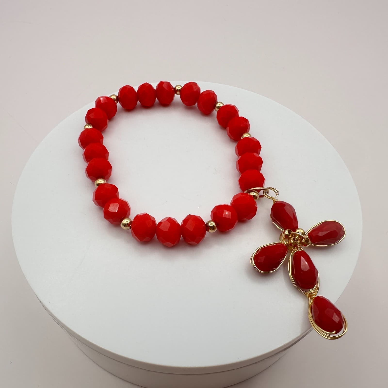 Vintage Y2K Gold Tone Red Beaded Cross Charm Bracelet Religious Women's Jewelry