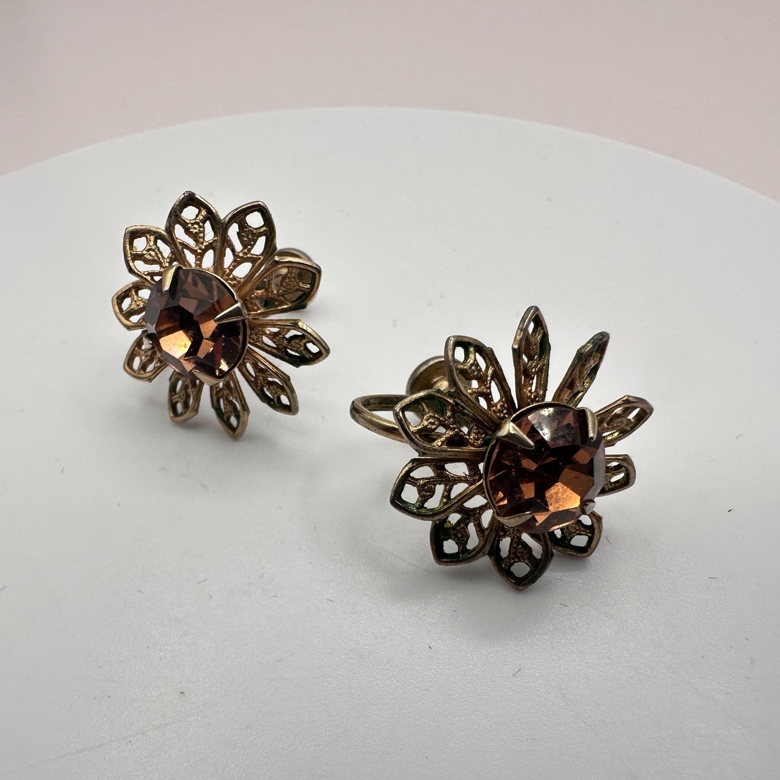Vintage 50s 60s Mid-Century Filigree Gold Tone Flower Earrings Amber Glass Boho