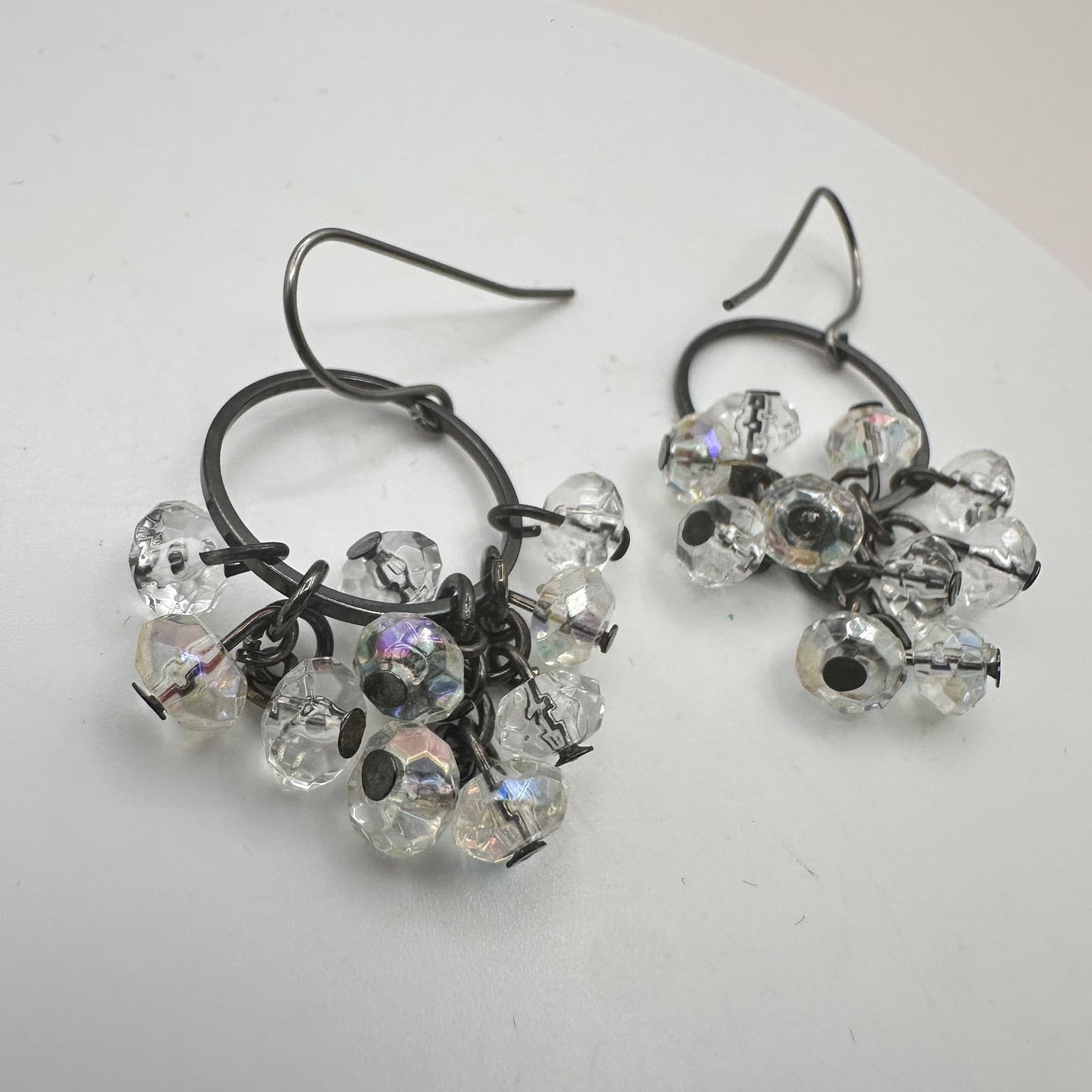 Vintage Y2K 90s Clear Iridescent Beaded Hoop Dangle Earrings Women's Jewelry