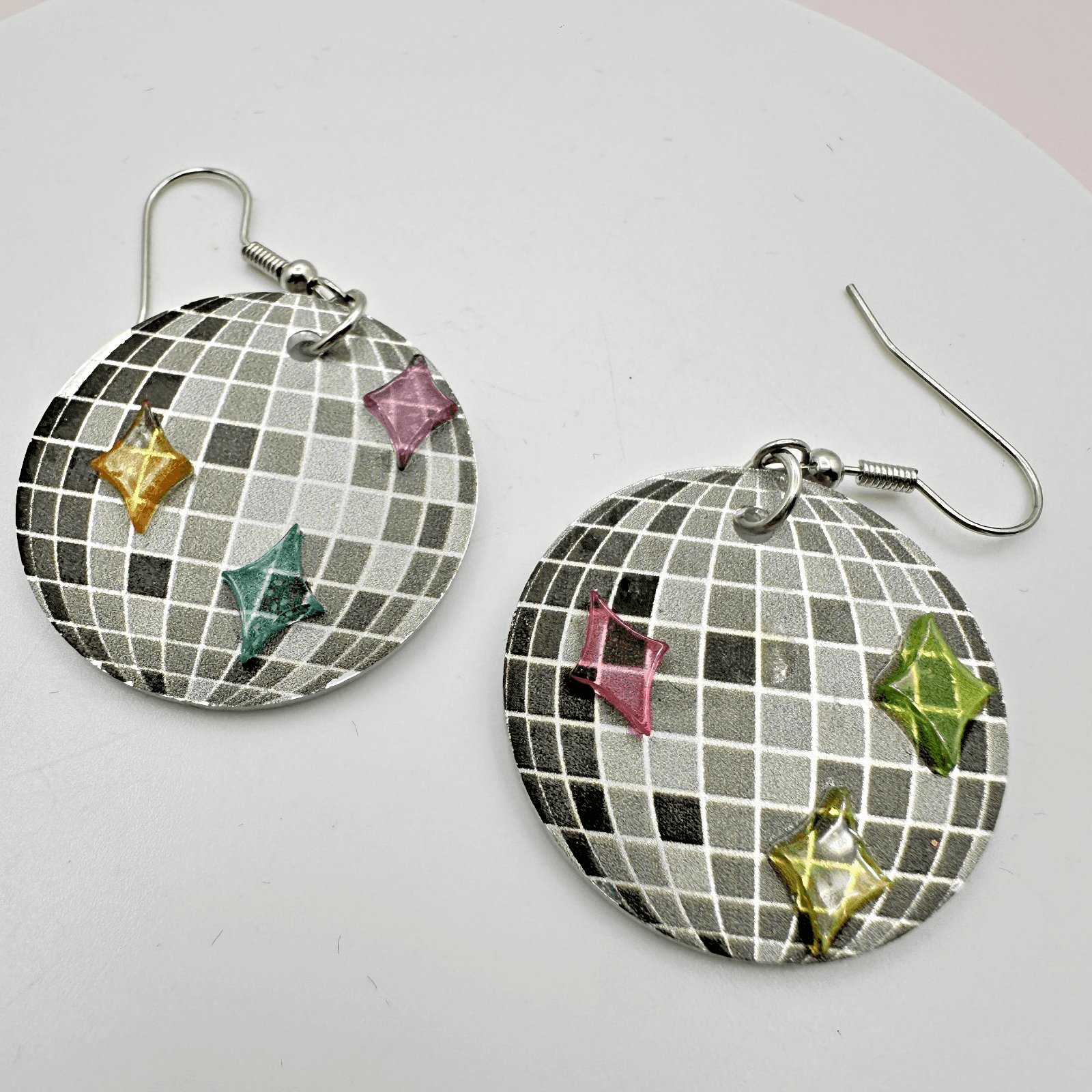 Vintage Y2K Glitter Disco Ball Dangle Earrings Silver Tone Retro Women's Jewelry