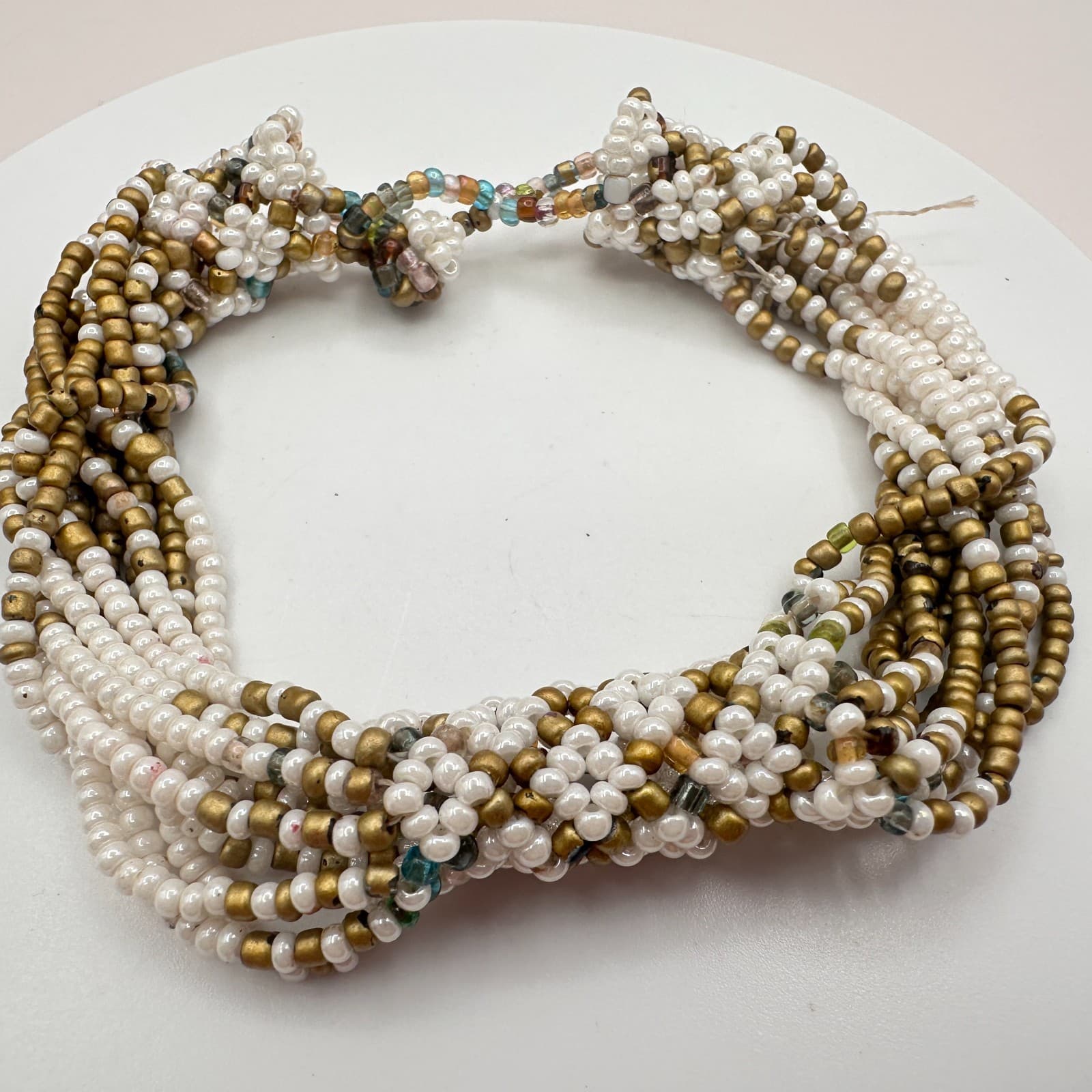 Vintage 90s Gold Tone White Gold Multi Strand Seed Beaded Bracelet Jewelry Bib