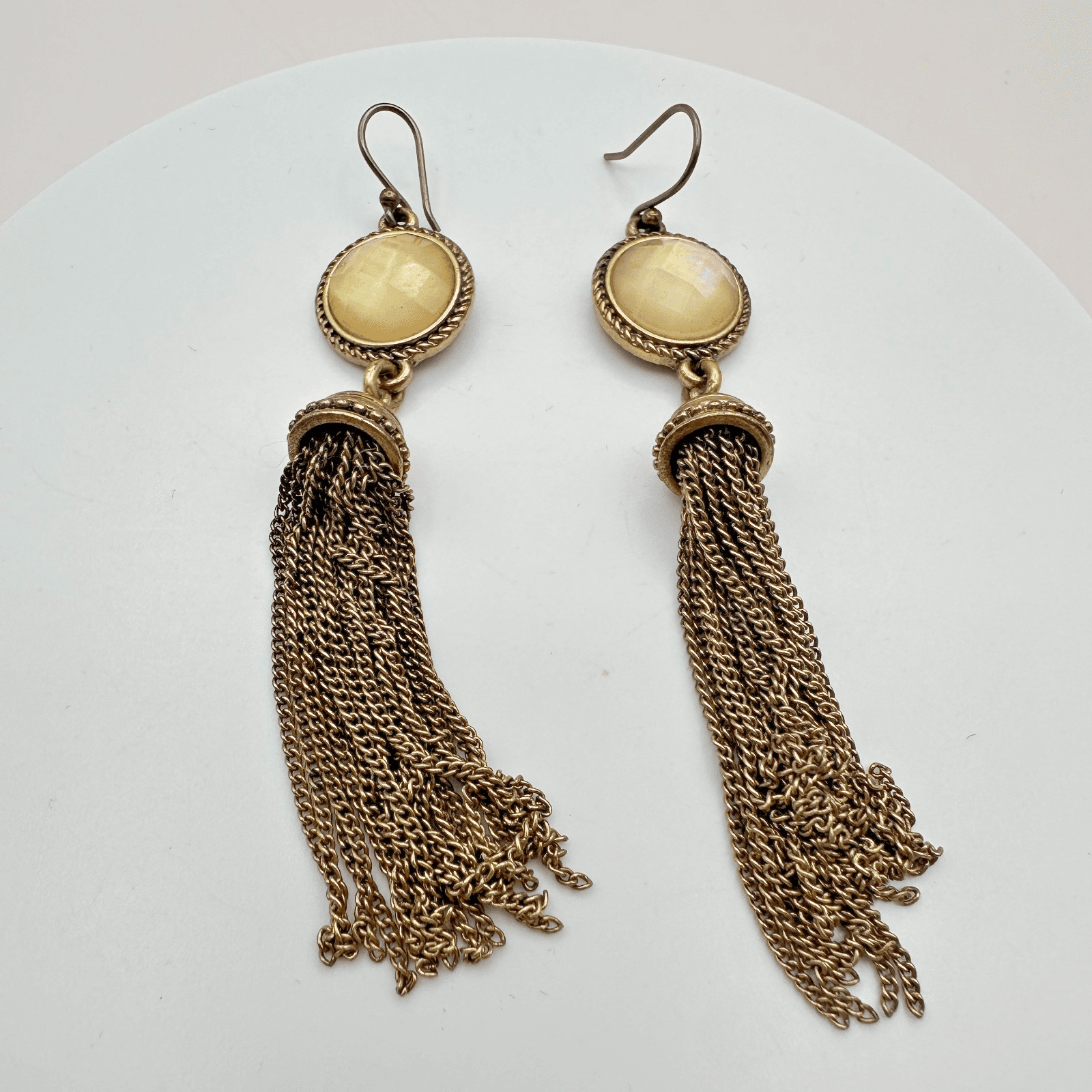 Vintage Gold Tone Faux Moonstone Tassel Earrings Statement Dangle Fringe Boho