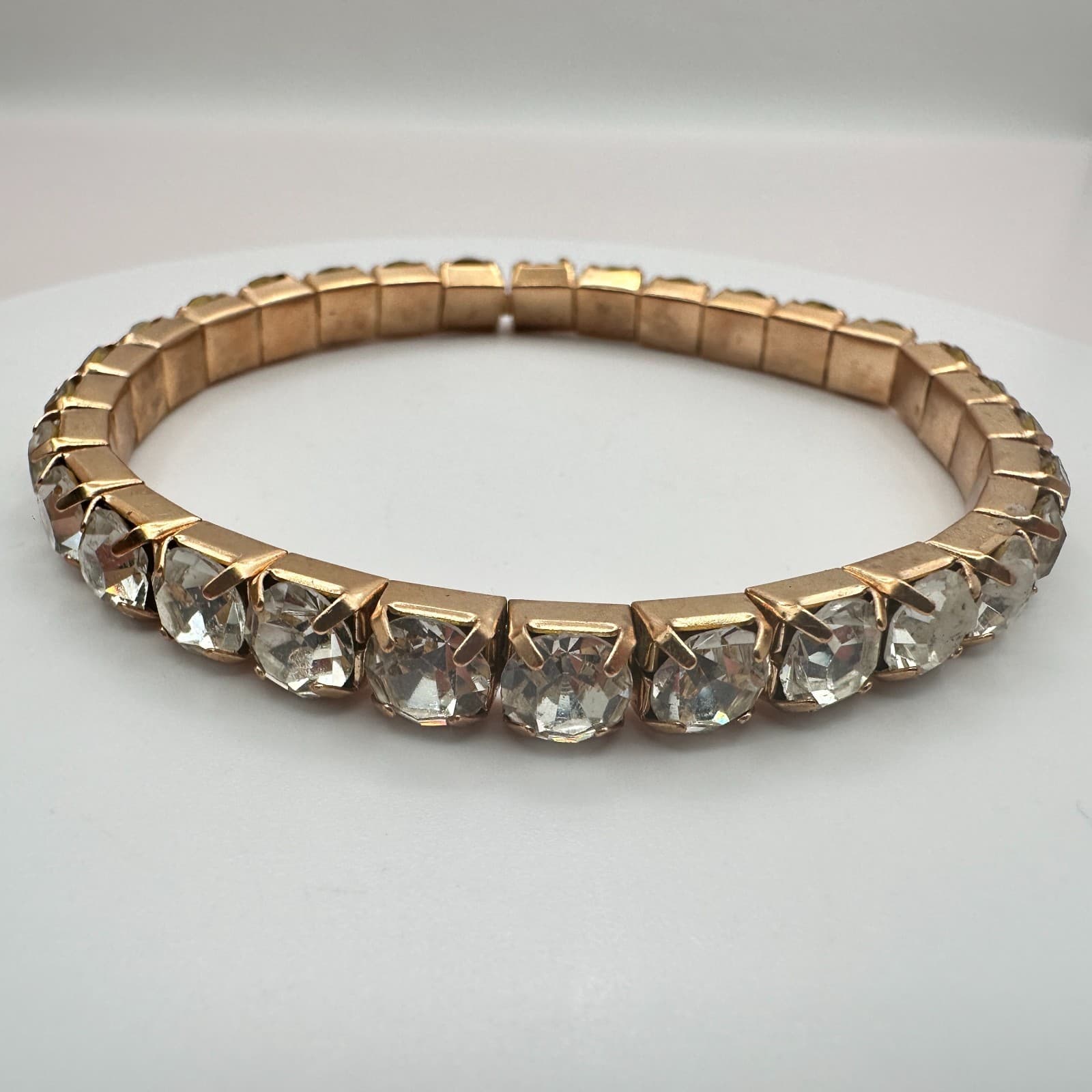 Vintage 90s Gold Tone Clear Glass Stretch Tennis Bracelet Glam Fashion Jewelry