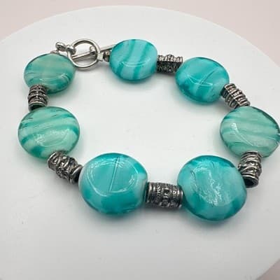 Vintage 90s Silver Tone Teal Swirl Beaded Bracelet Boho Women's Classic Jewelry
