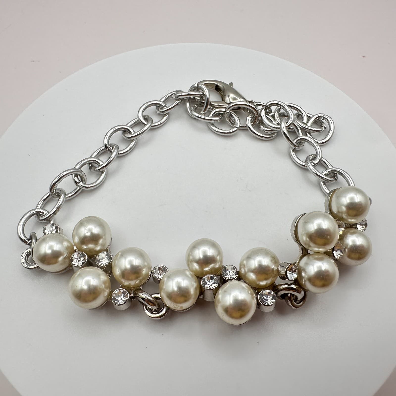 Vintage 90s Silver Tone Faux Pearl Rhinestone Bracelet Women's Classic Jewelry