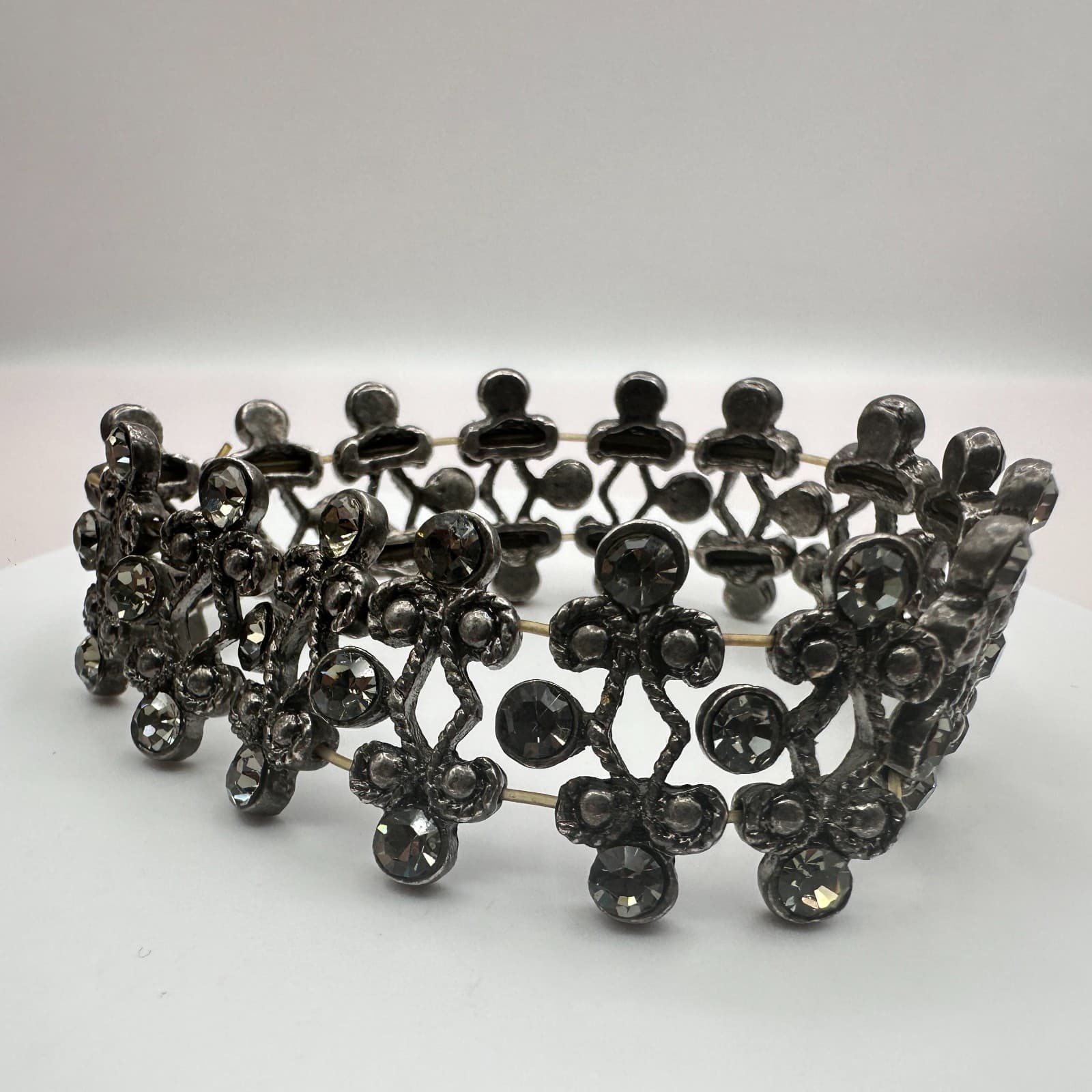 Vintage 90s Gunmetal Gray Glass Stretch Bracelet Boho Statement Cuff Jewelry Y2K