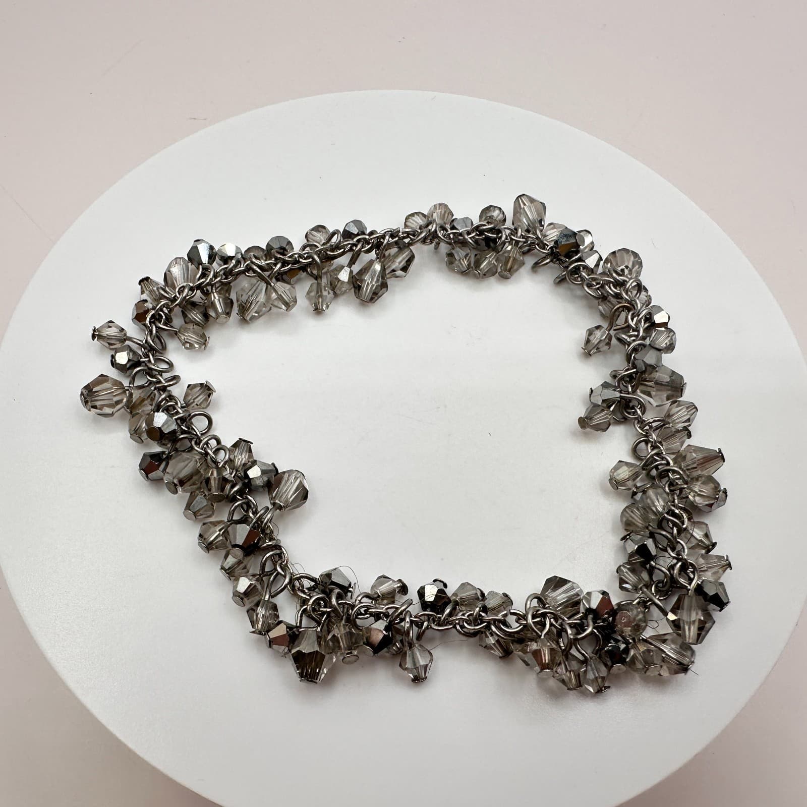 Vintage 90s Silver Tone Smoky Gray Faceted Beaded Bracelet Women's Jewelry Y2K
