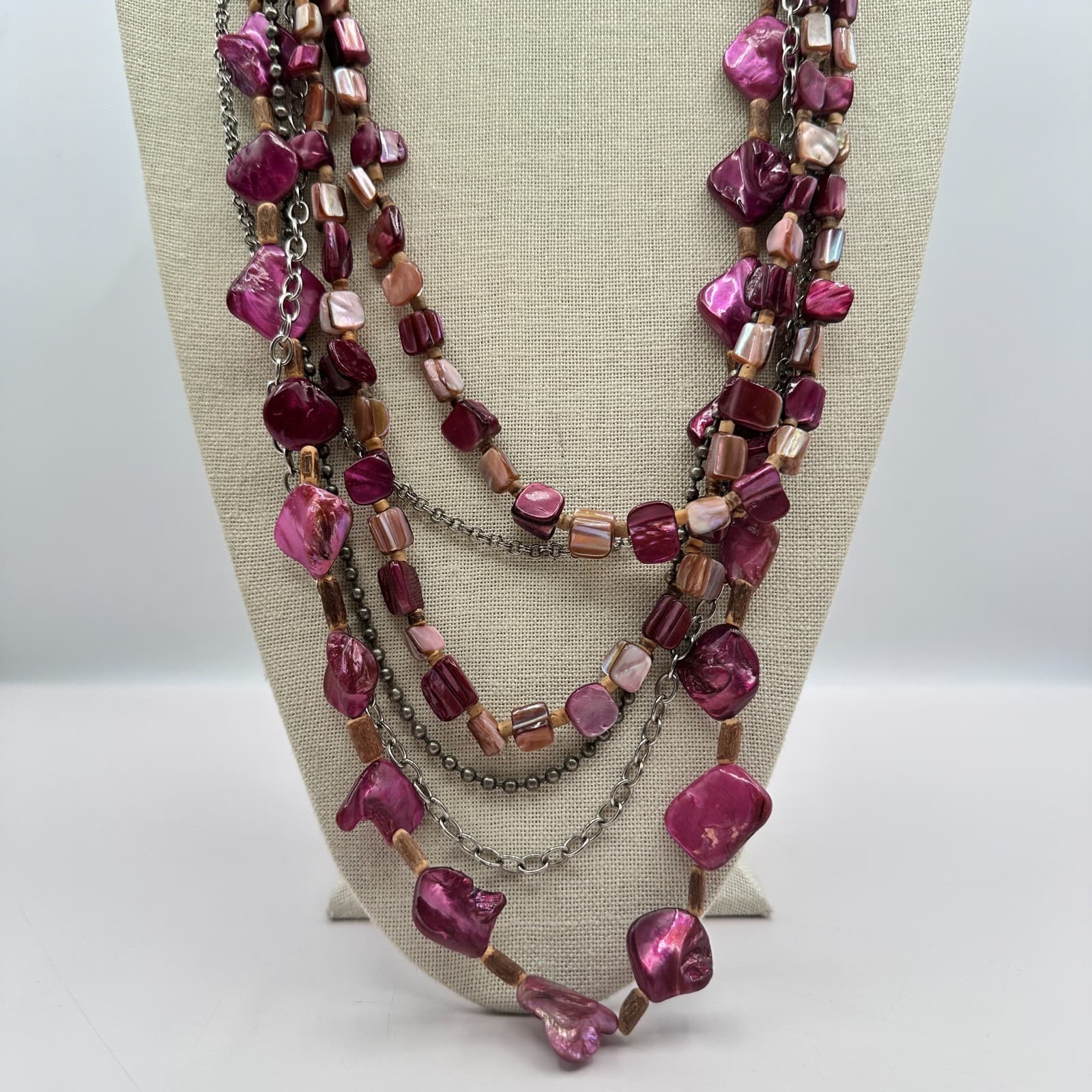 Vintage 90s Multi-Strand Shell Beads Statement Necklace Boho Layered Jewelry Bib