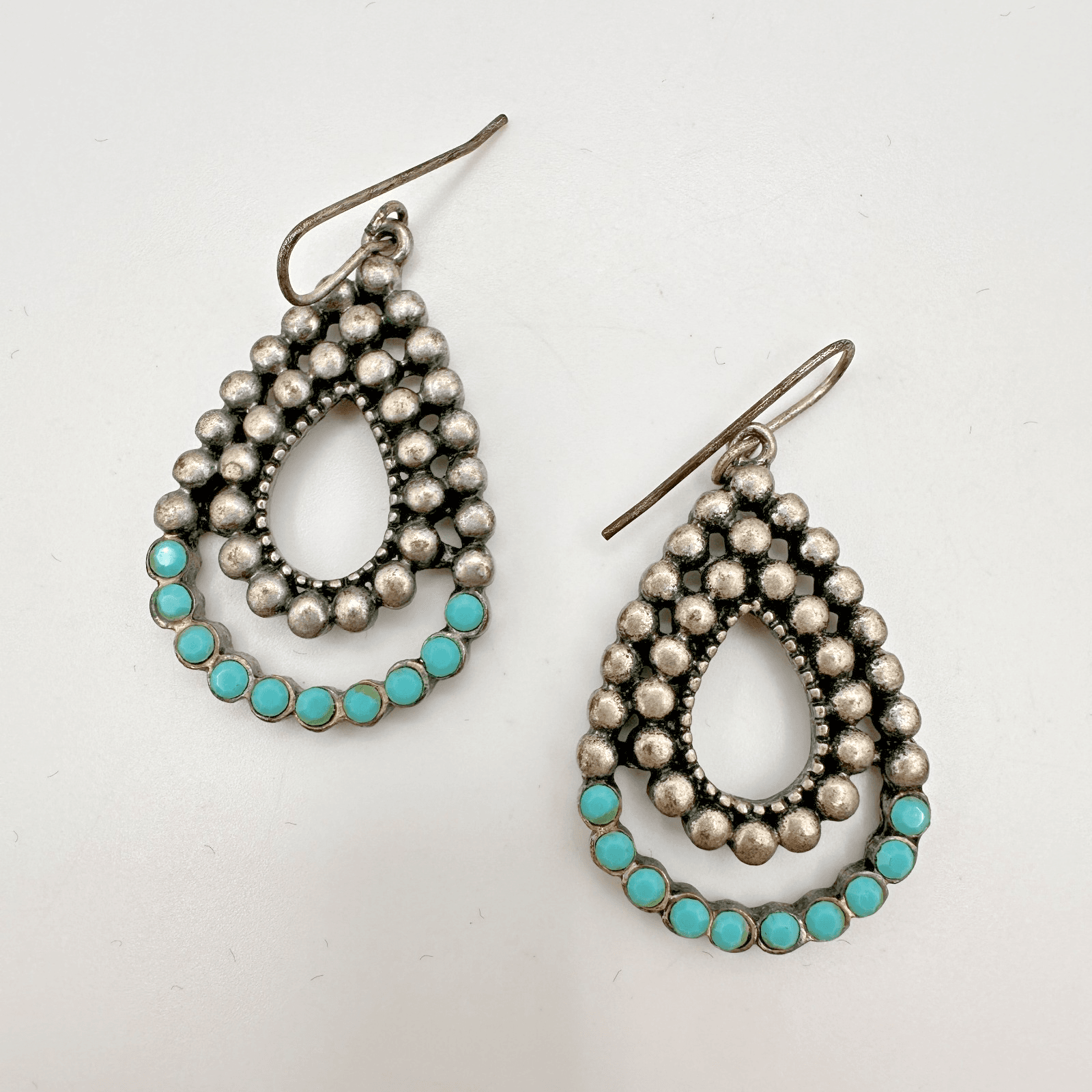 Vintage 90s Blue Glass Beads Silver Tone Teardrop Earrings Boho Fashion Jewelry