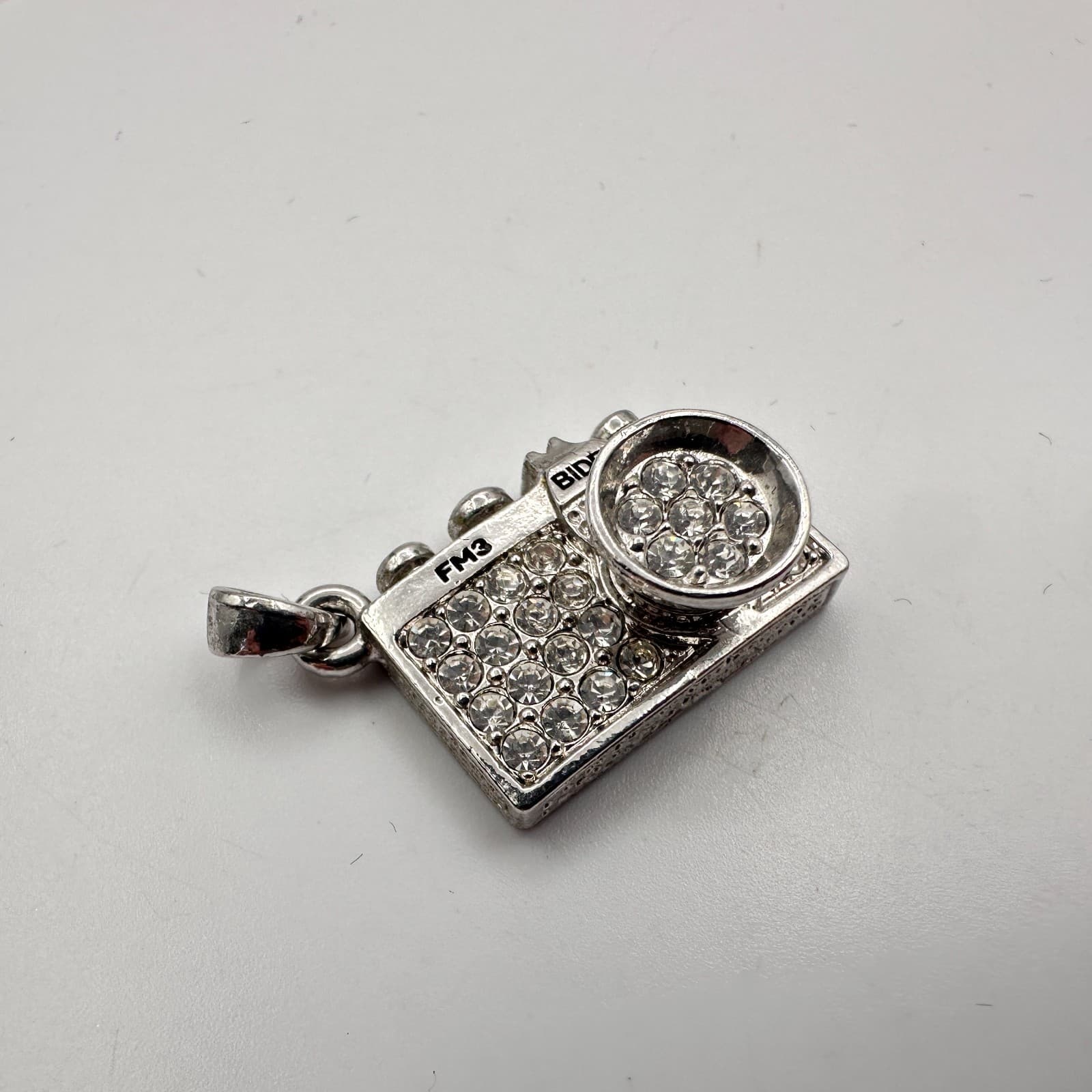 Vintage 90s Bidel FM3 Silver Tone Camera Pendant Clear Rhinestone Jewelry Boho