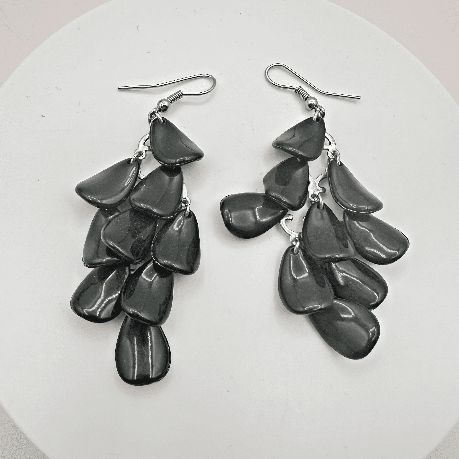 Vintage 90s Silver Tone Black Pebble Dangle Earrings Retro Women's Jewelry Y2K