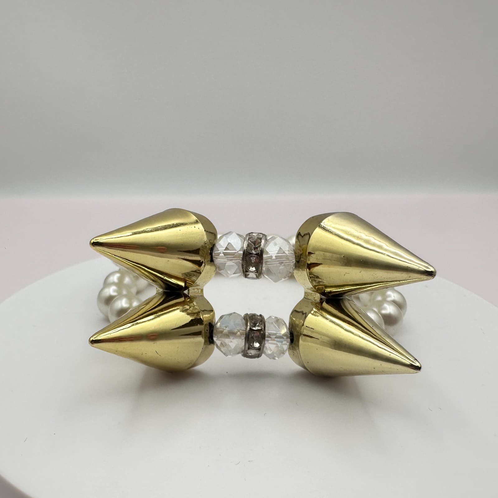 Vintage Y2K Spike Gold Tone Faux Pearl Rhinestone Stretch Bracelet Jewelry Boho