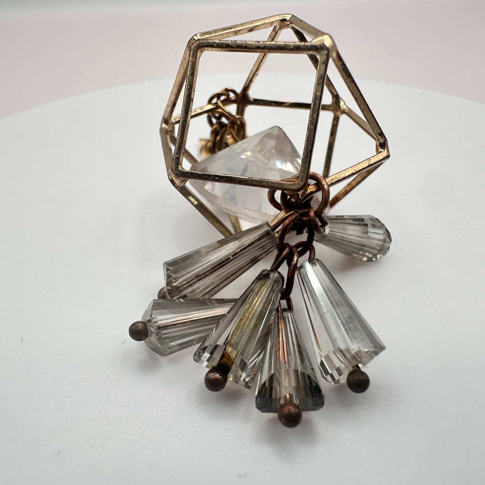 intage Gold Tone Geometric Cage Pendant Clear Lucite Crystal Prism Charm Boho