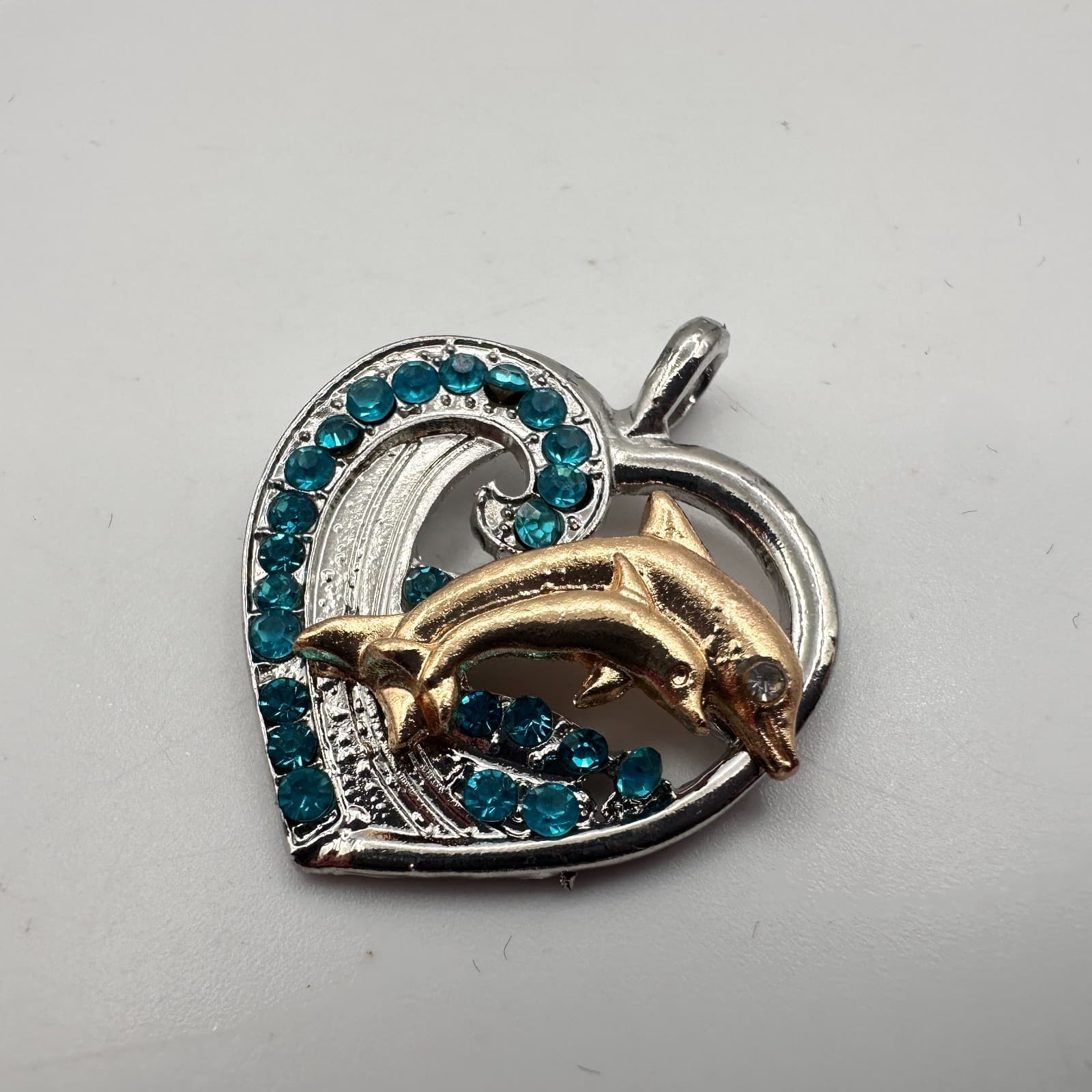 Vintage 90s Silver Tone Dolphin Heart Pendant Blue Rhinestone Women's Jewelry