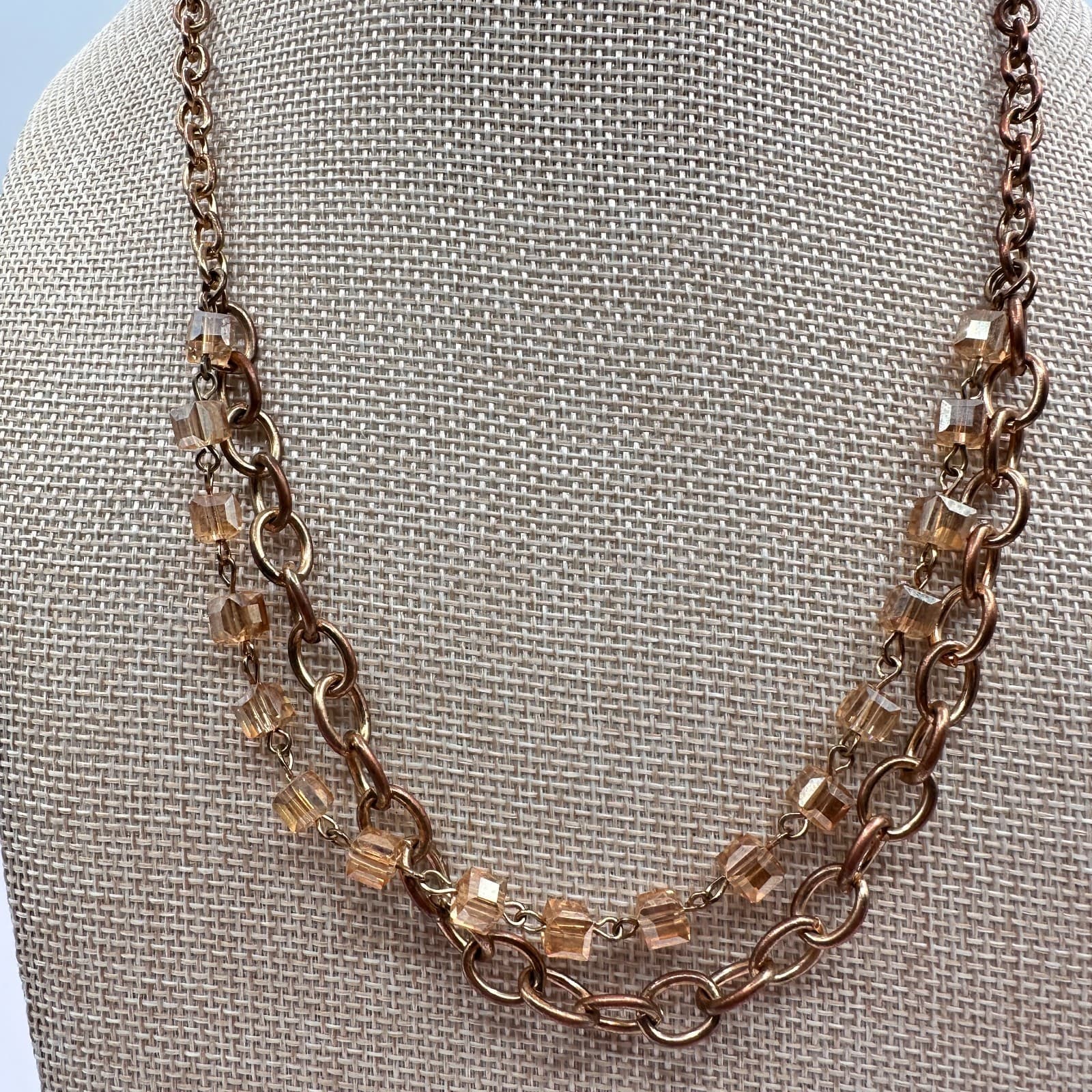 Vintage 90s Gold Tone Double Strand Glass Cube Necklace Women's Classic Jewelry