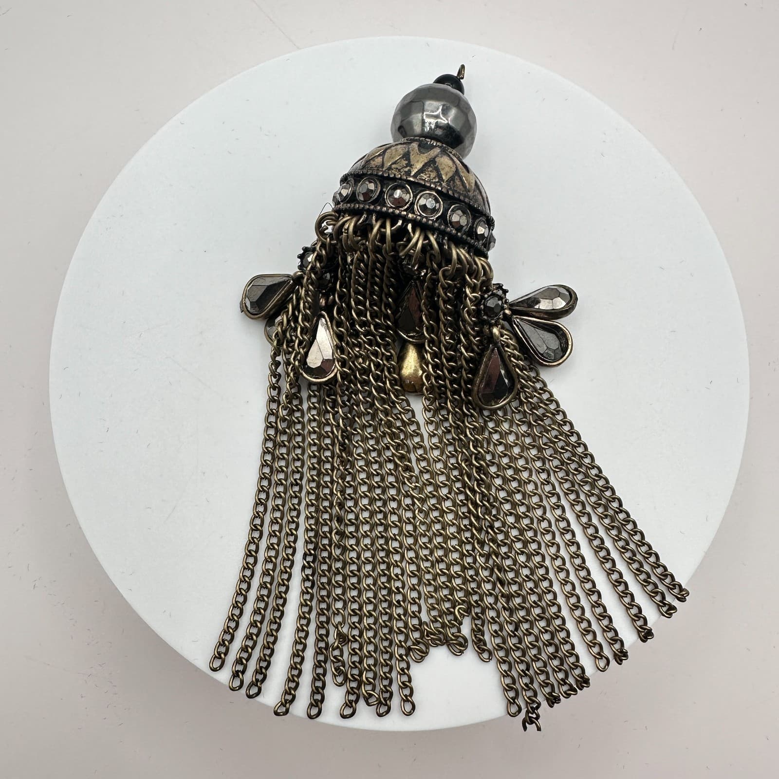 Vintage Antique Brass Dome Chain Tassel Pendant Charm Jhumka Gothic Rhinestone