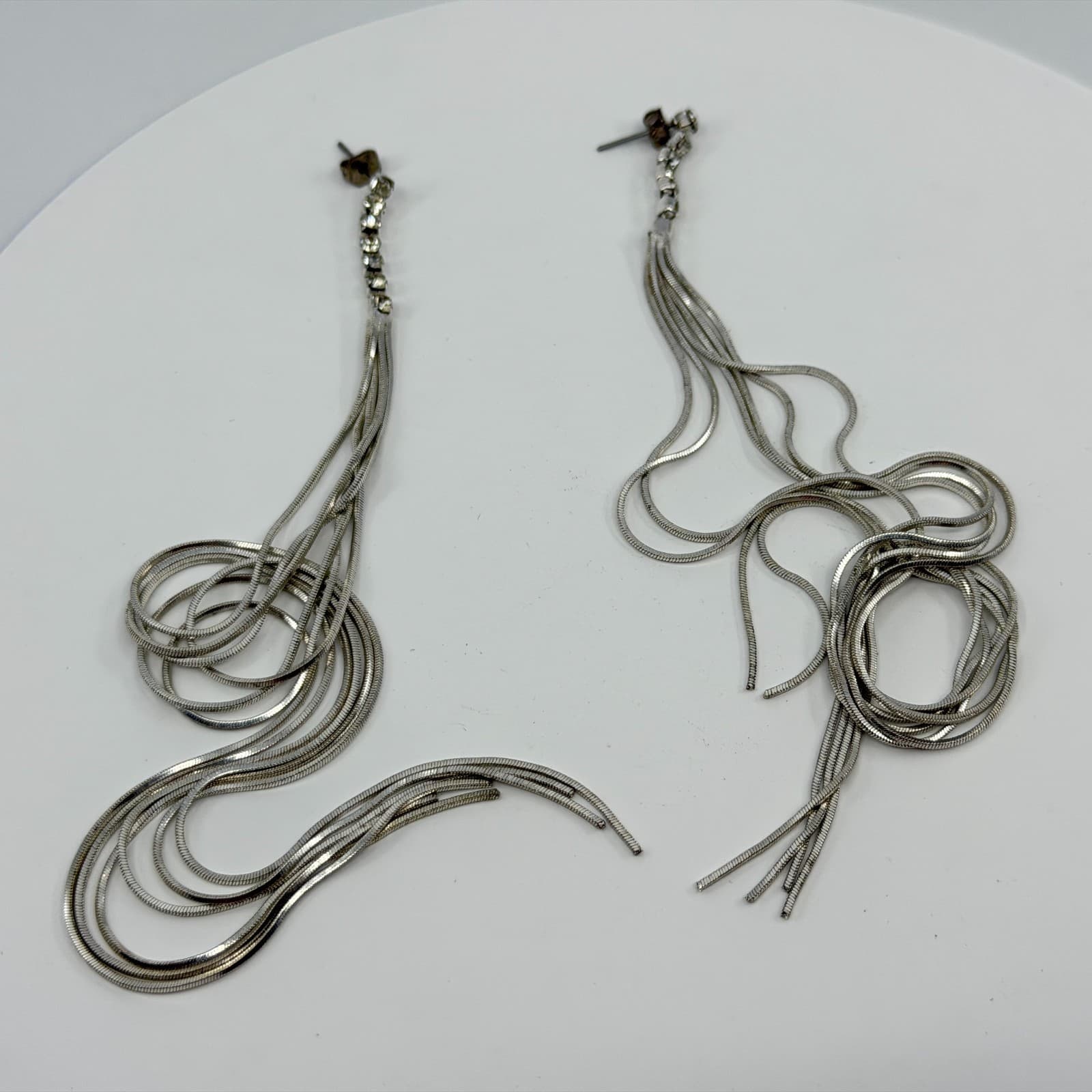 Y2K Liquid Silver Tone Multi Strand Snake Chain Dangle Drop Statement Earrings