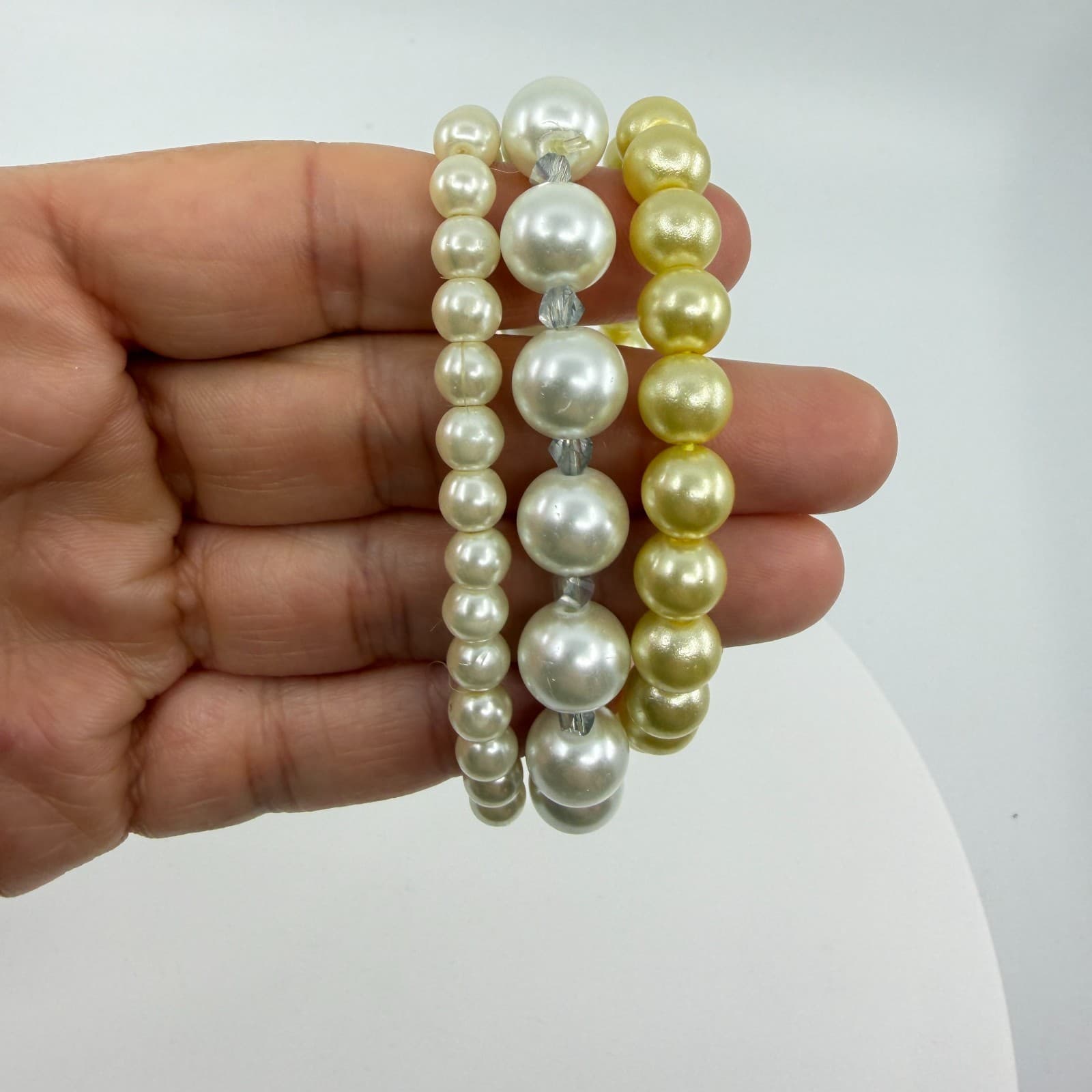 3 Pc Faux Pearl Stackable Bracelet Gold Tone White Stretch Layered Jewelry Set