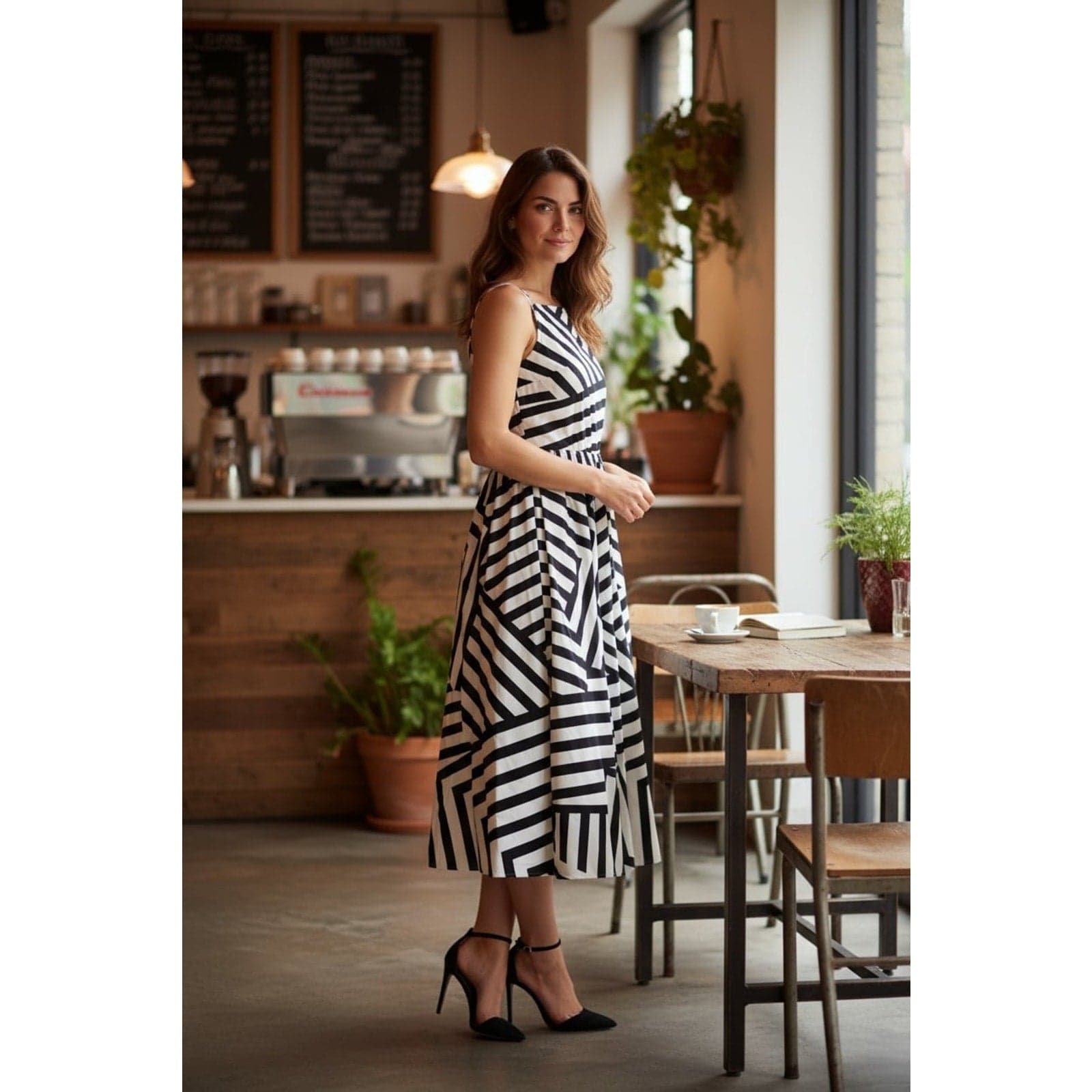 Sleeveless High-Neck Midi Dress in Black and White Geometric Stripe