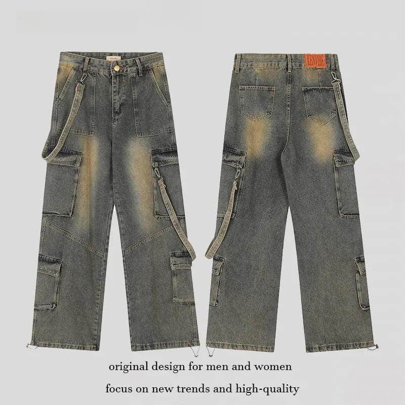 American retro multi-pocket jeans